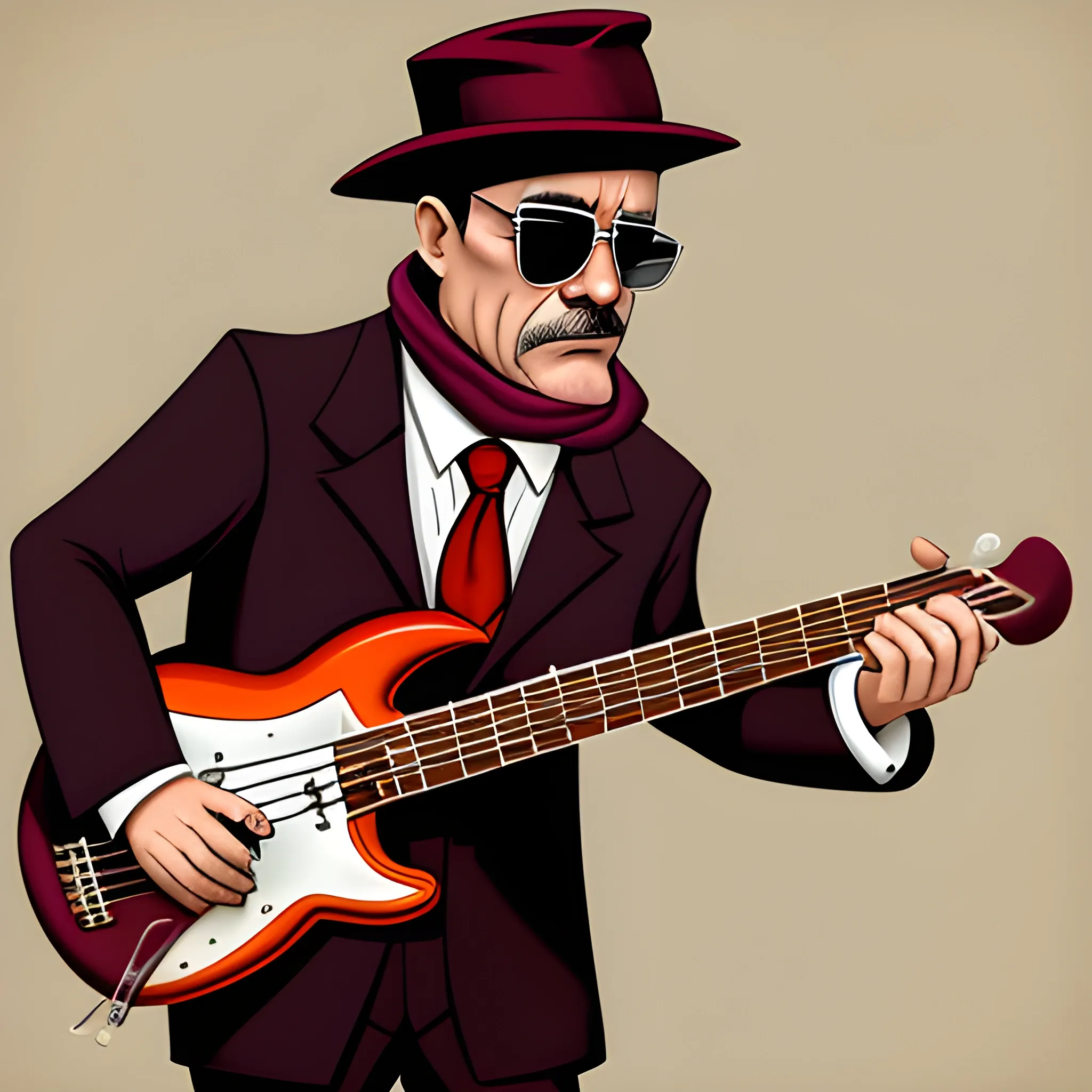 50 year old man, gangster with sunglasses and a gangster hat, playing a bass, wearing a suit and a burgundy scarf, in a night setting, vintage caricature.