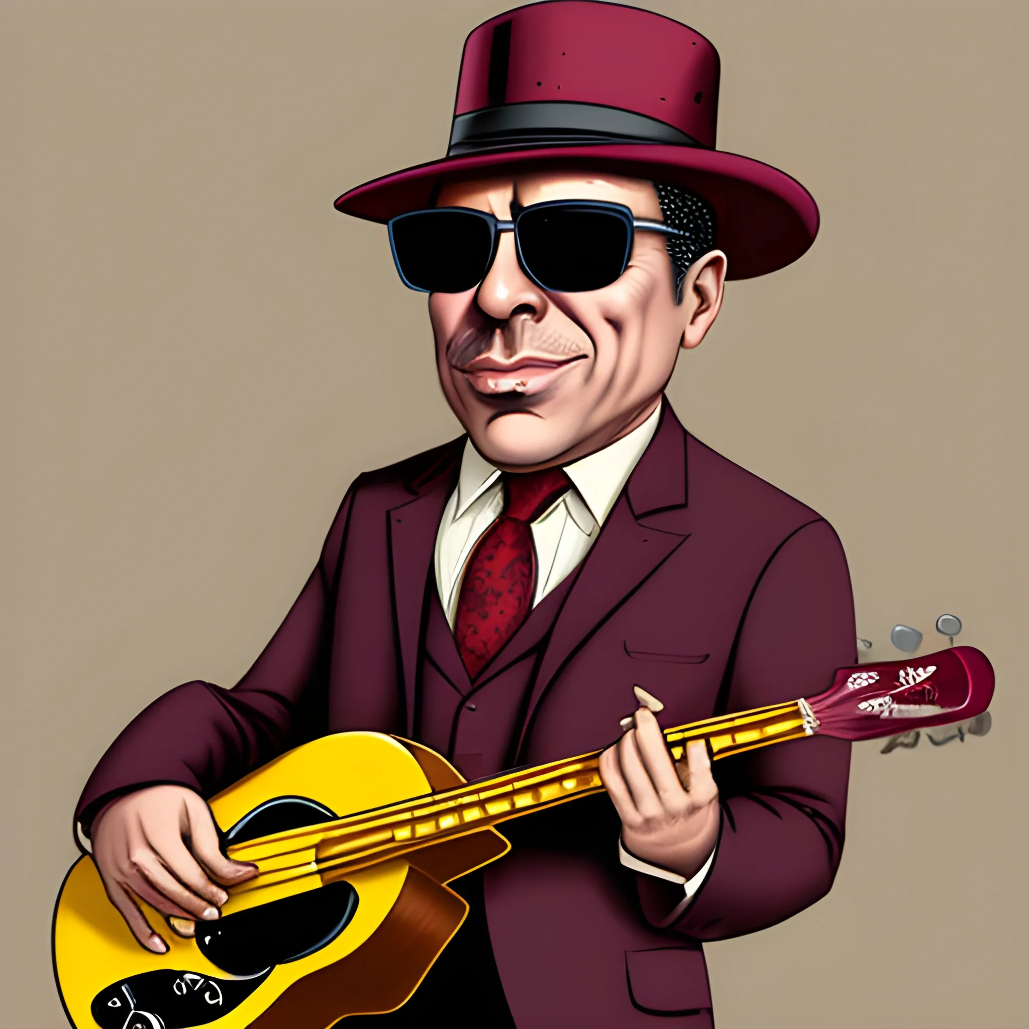 50 year old man, gangster with sunglasses and a gangster hat, playing a bass, wearing a suit and a burgundy scarf, on a stage giving a show, vintage caricature.