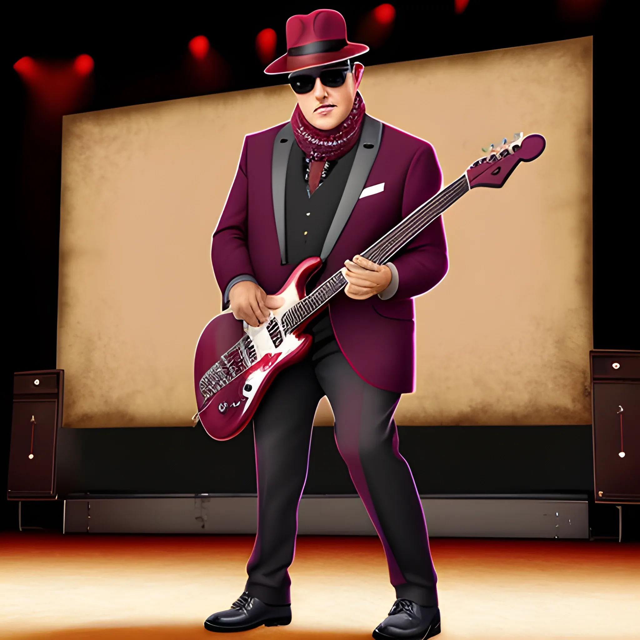 50 year old man, gangster with sunglasses and a mafia hat, playing an electric guitar, wearing a suit and a burgundy scarf, on a stage giving a show, vintage caricature.