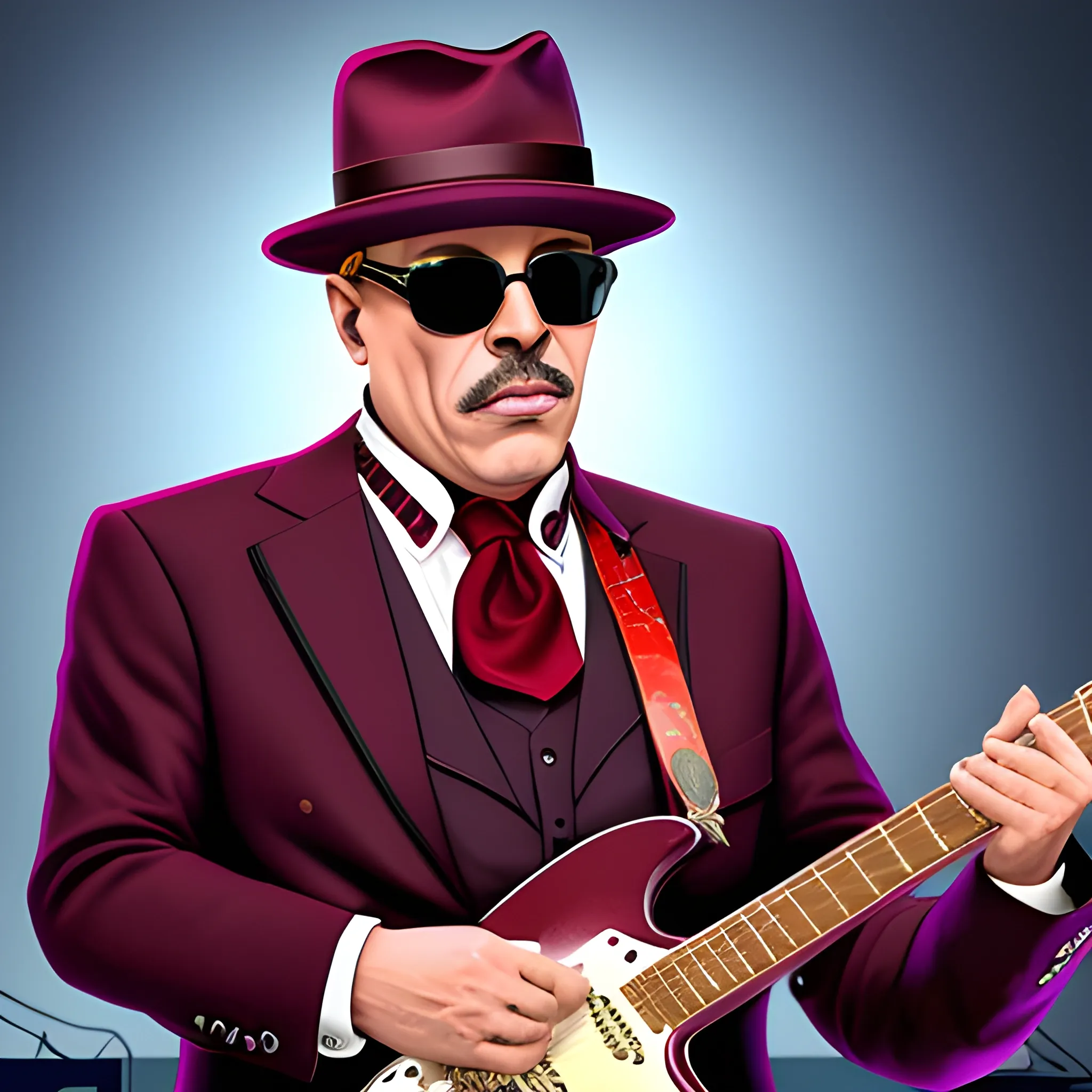 50 year old man, gangster with sunglasses and a mafia hat, playing an electric guitar, wearing a suit and a burgundy scarf, on a stage giving a show, vintage caricature.