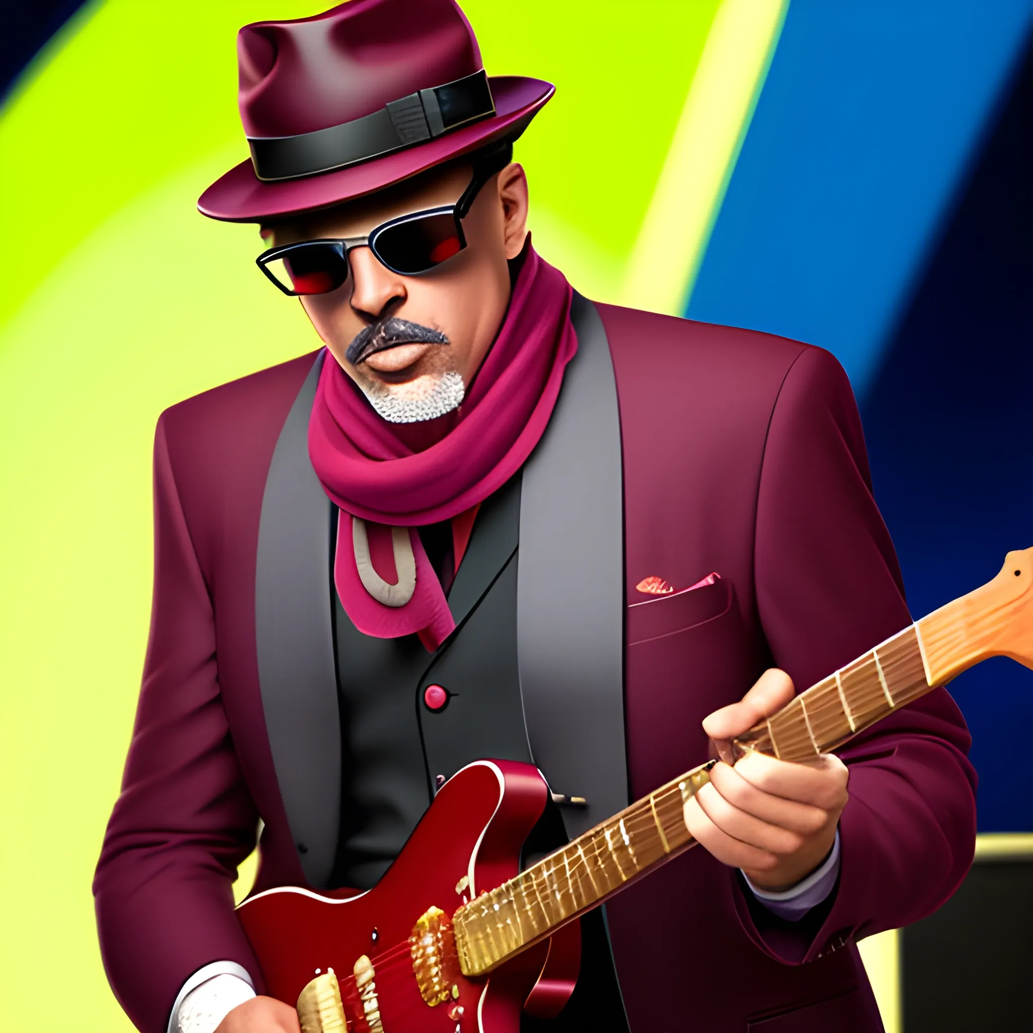 50 year old man, gangster with sunglasses and a gangster hat, playing an electric guitar, wearing a suit and a burgundy scarf, on a stage giving a show, in vintage cartoon style.