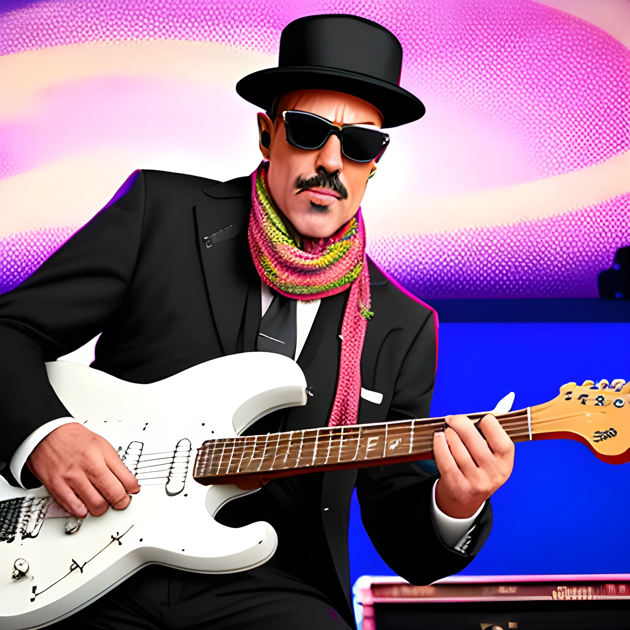 50 year old man, gangster with sunglasses and a gangster hat, playing an electric guitar, wearing a suit and scarf, on a stage giving a show, in vintage cartoon style.