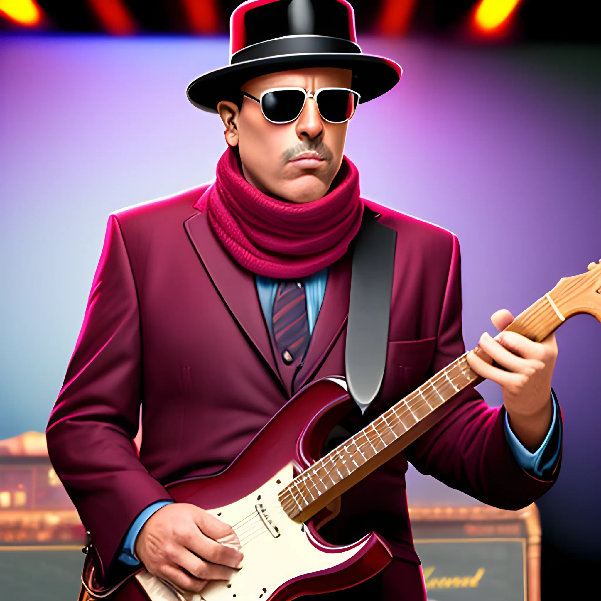 50 year old, serious, gangster man with sunglasses and a gangster hat, playing an electric guitar, wearing a suit and a burgundy scarf, on a stage giving a show, in vintage cartoon style.