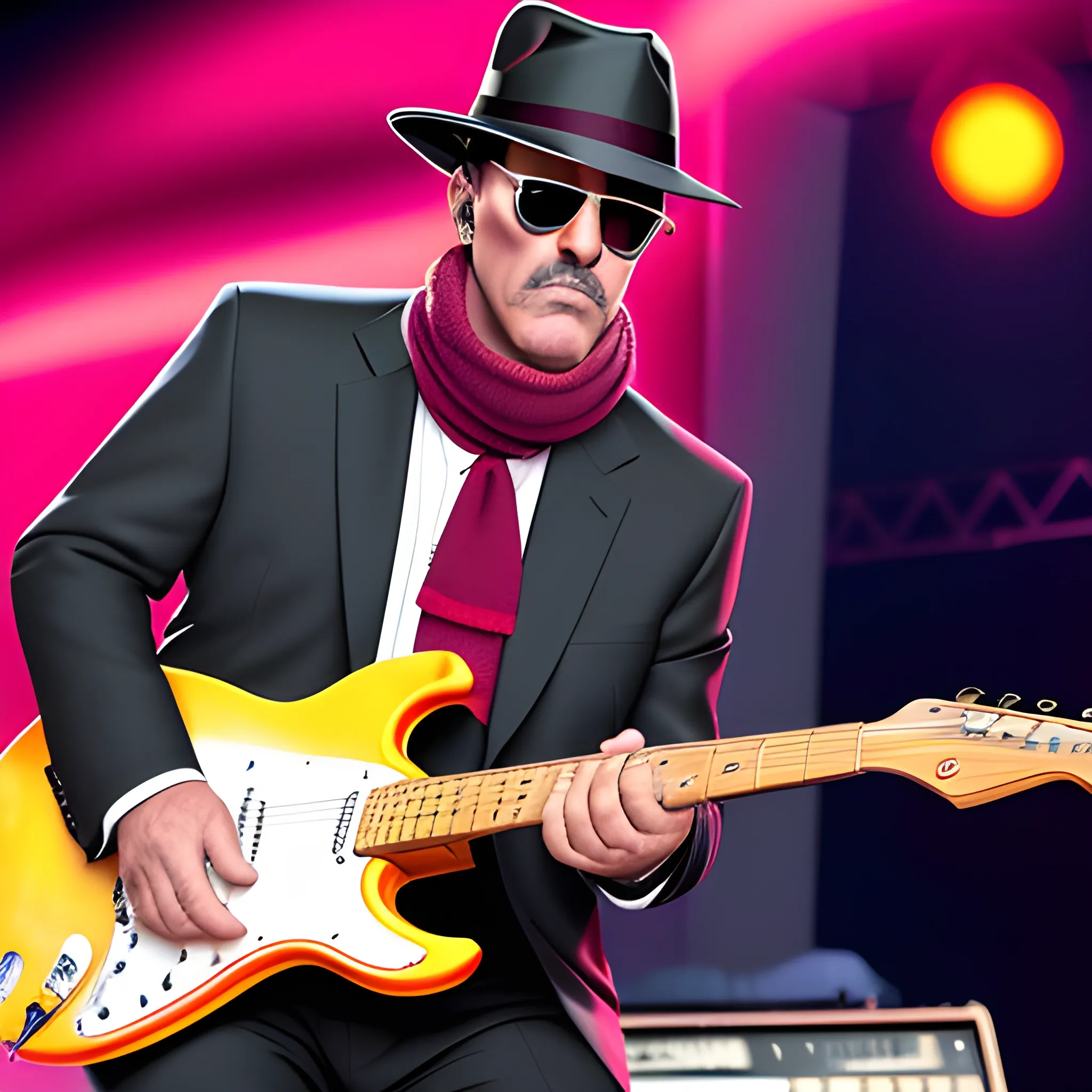 50 year old, serious, gangster man with sunglasses and a gangster hat, playing an electric guitar, wearing a suit and a burgundy scarf, on a stage giving a show, Cartoon