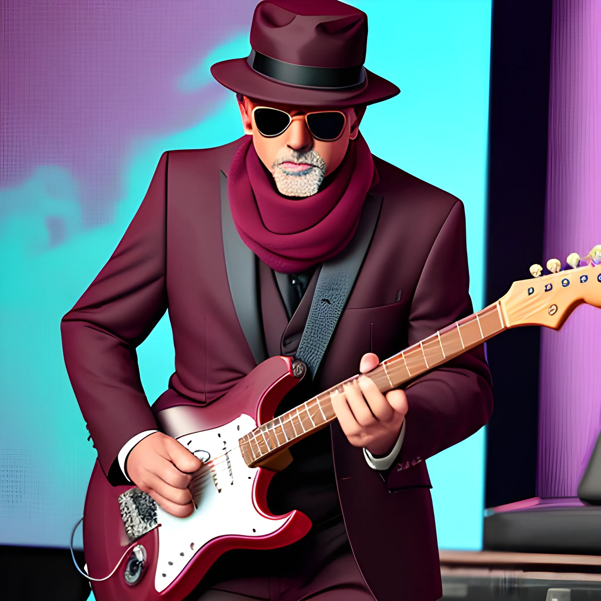 50 year old, serious, gangster man with sunglasses and a gangster hat, playing an electric guitar, wearing a suit and a burgundy scarf, on a stage giving a show, Cartoon