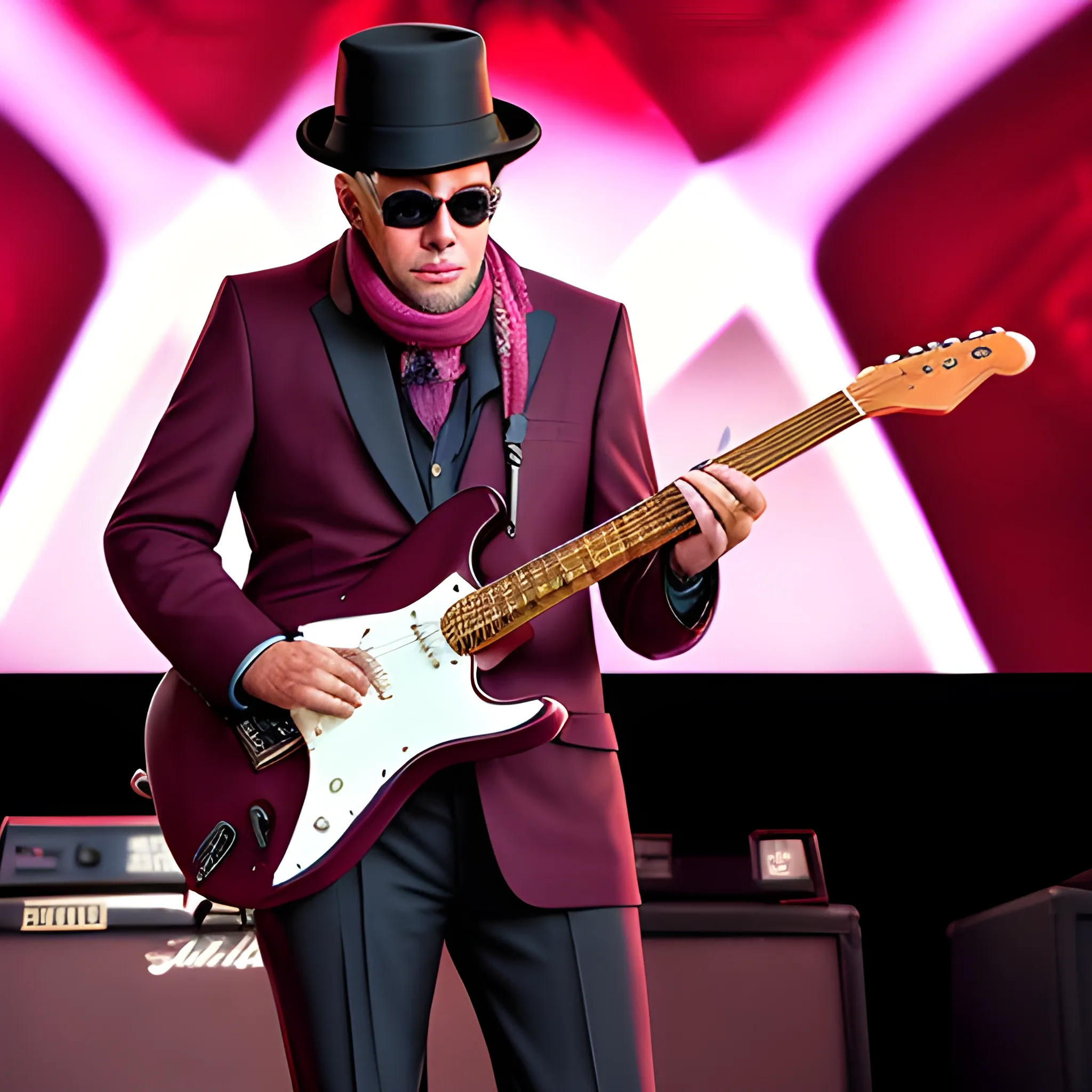 50 year old, serious, gangster man with sunglasses and a gangster hat, playing an electric guitar, wearing a suit and a burgundy scarf, on a stage giving a show, Trippy