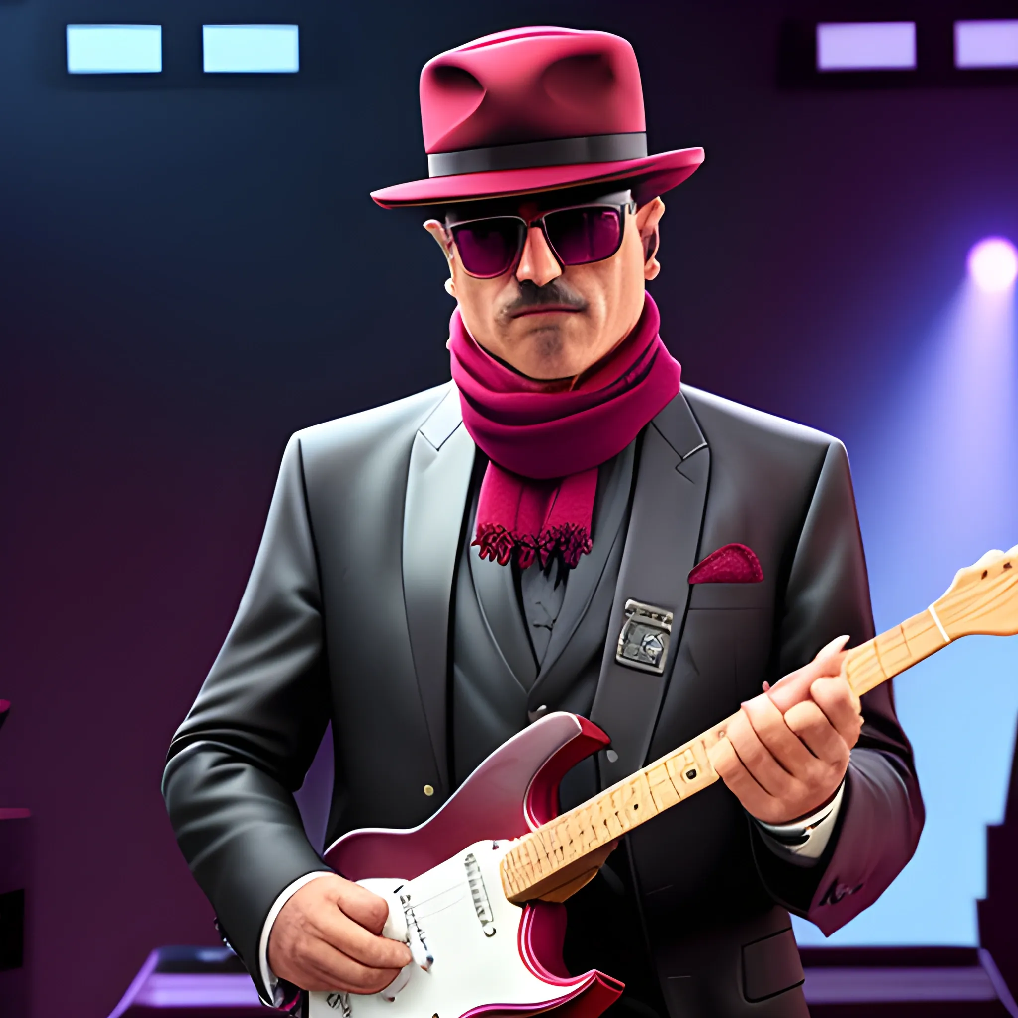 50 year old, serious, gangster man with sunglasses and a gangster hat, playing an electric guitar, wearing a suit and a burgundy scarf, on a stage giving a show, 3D