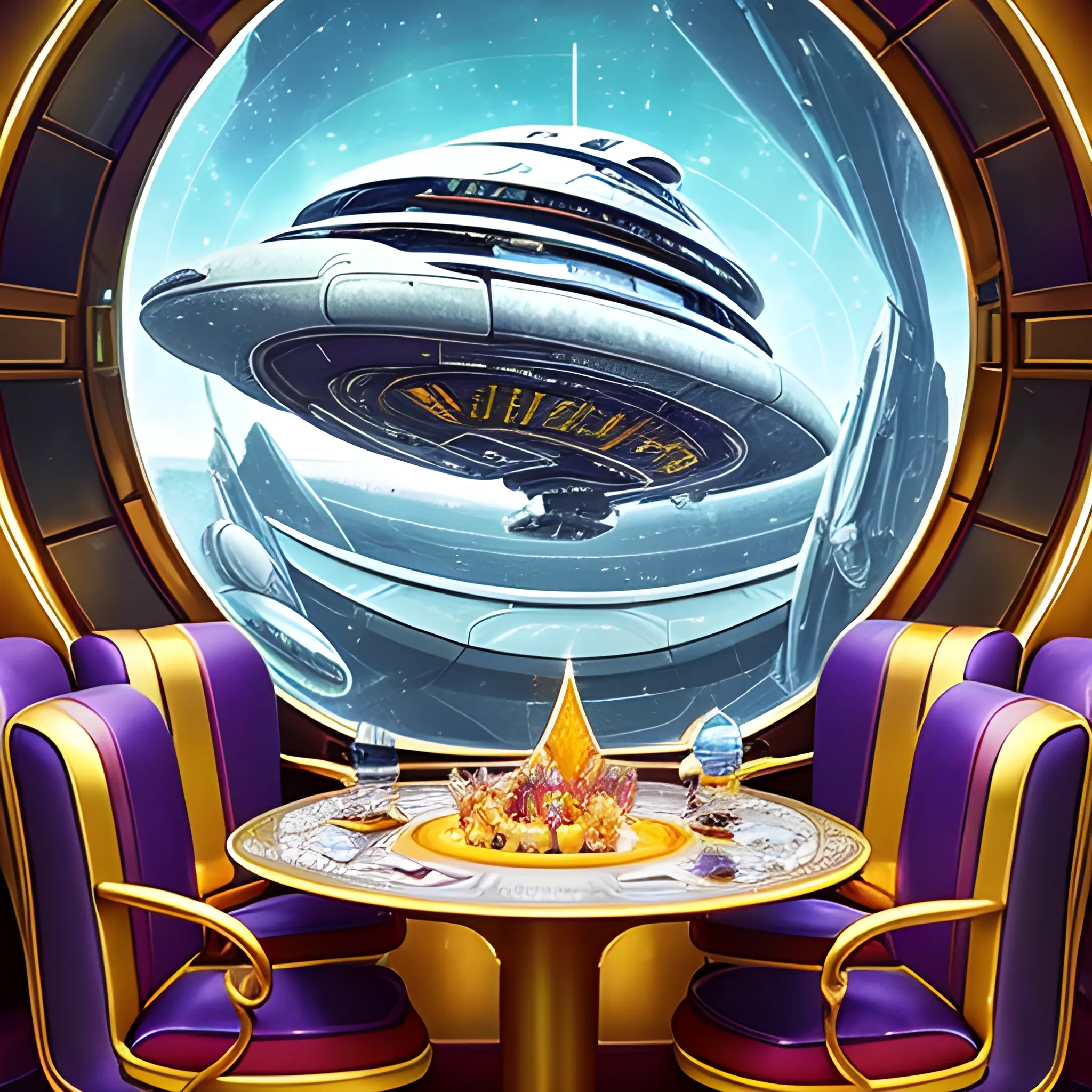 Futuristic concept art featuring a colossal starship composed of a giant gold 1974 Winnebago, protected by a translucent diamond shield offering a star-and-galaxy spectacle, influenced by Larry Niven's imagination and Leonardo Da Vinci's style, symmetrical architecture on display, interiors visible with families engaged in leisure activities on open deck spaces adorned with chairs, dining tables, vivid use of colors, exquisite details, grilling & other cooking equipment. Futuristic concept art featuring a colossal starship composed of giant gold 1974 Winnebago, protected by a translucent diamond shield offering a star-and-galaxy spectacle, influenced by Larry Niven's imagination and Leonardo Da Vinci's style, symmetrical architecture on display, interiors visible with families engaged in leisure activities on open deck spaces adorned with chairs, dining tables, vivid use of colors, exquisite details, grilling & other cooking equipment. , Trippy