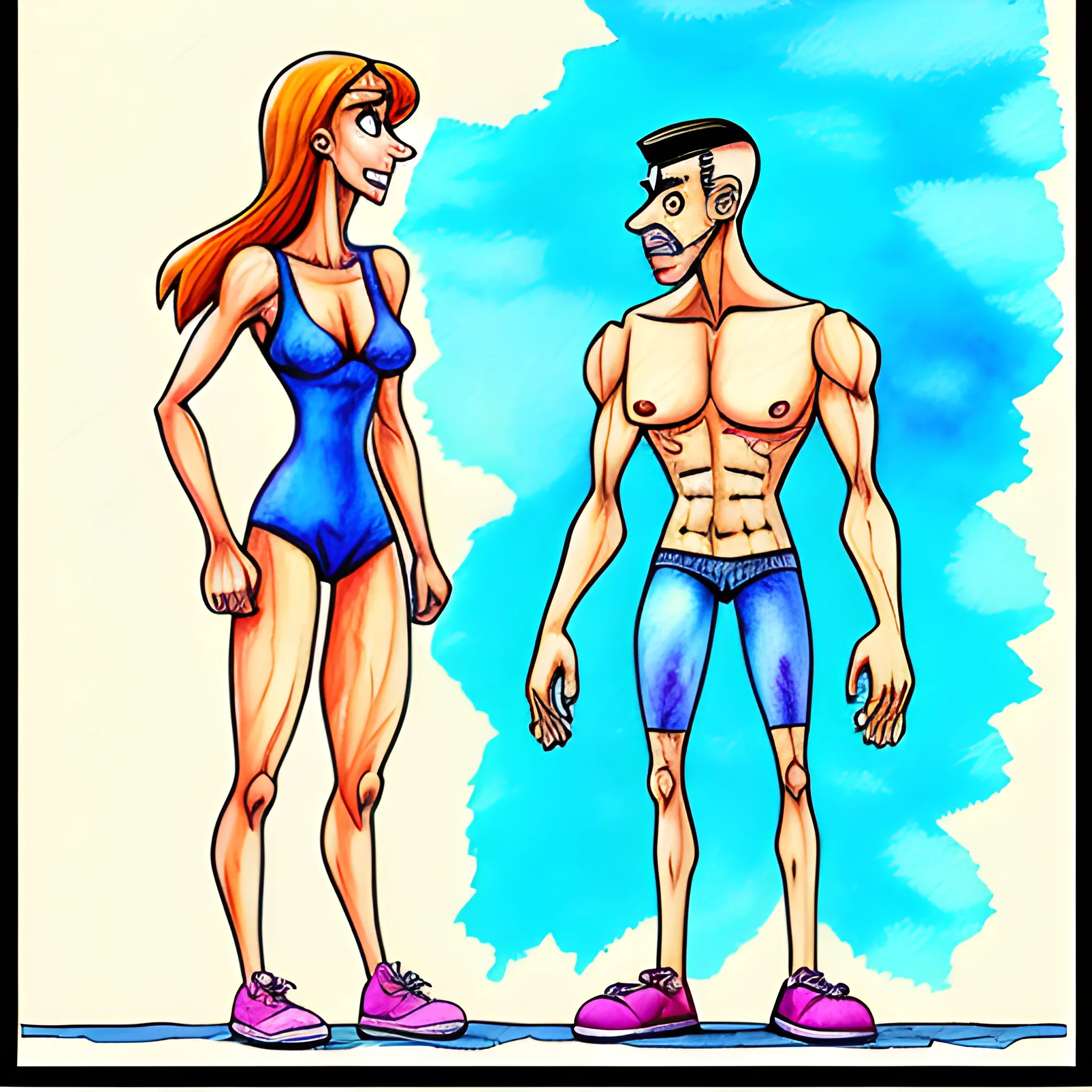 a tall muscular woman and a short skinny man, Trippy, Cartoon, Cartoon, Water Color