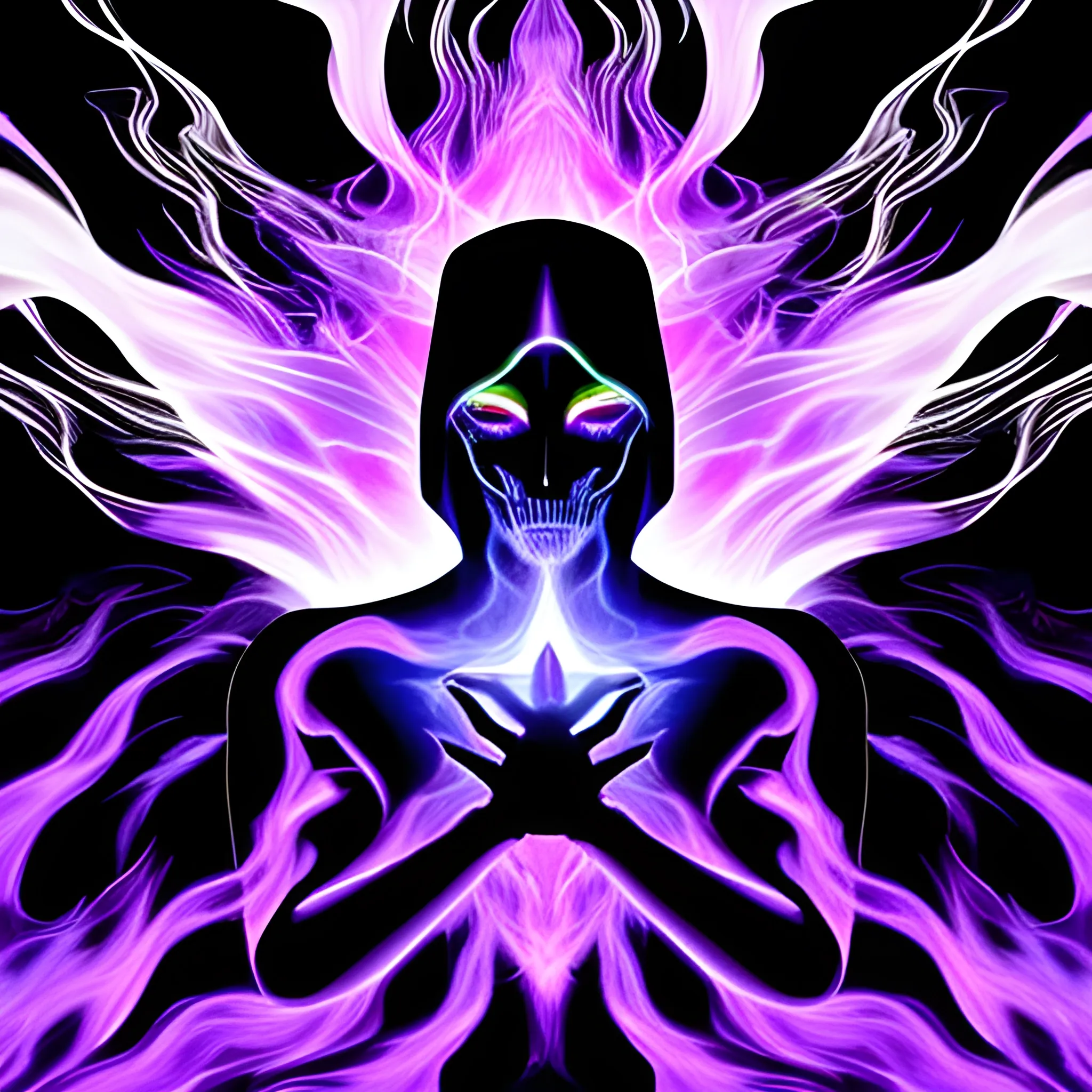 Abstract digital illustration of a shadowy figure with glowing white eyes, surrounded by vibrant purple and blue flames. The figure extends a hand, which emits an intense, ethereal light. The background is dark, enhancing the luminescence and otherworldly atmosphere of the image.