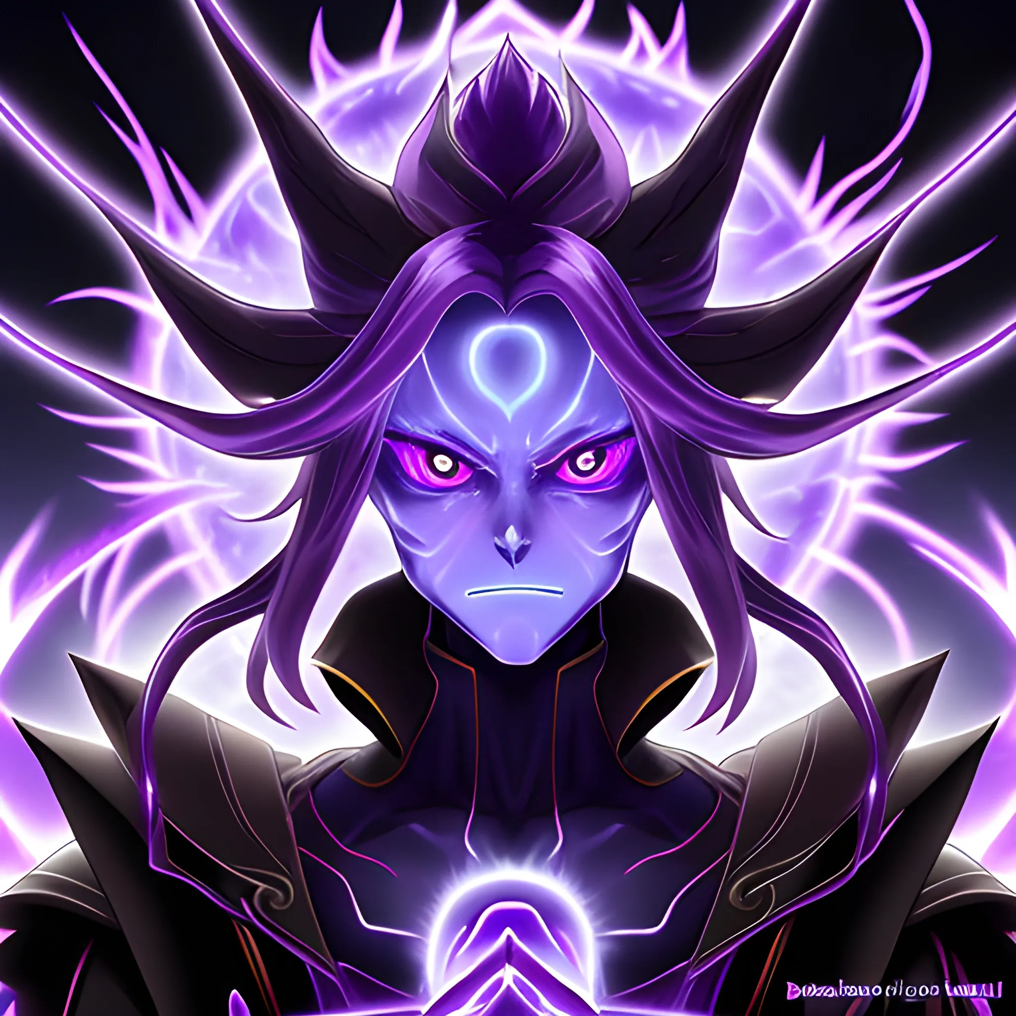 anime character with glowing eyes and hands in front of a purple background, purple fire around magic arena, purple fire powers fire swirling, transforming into his final form, glowing black aura, ghost of the fire spirit, glowing and epic, detailed glowing head, shalltear from overlord, badass anime 8 k, epic 8 k hd anime shot, purple glowing core in armor