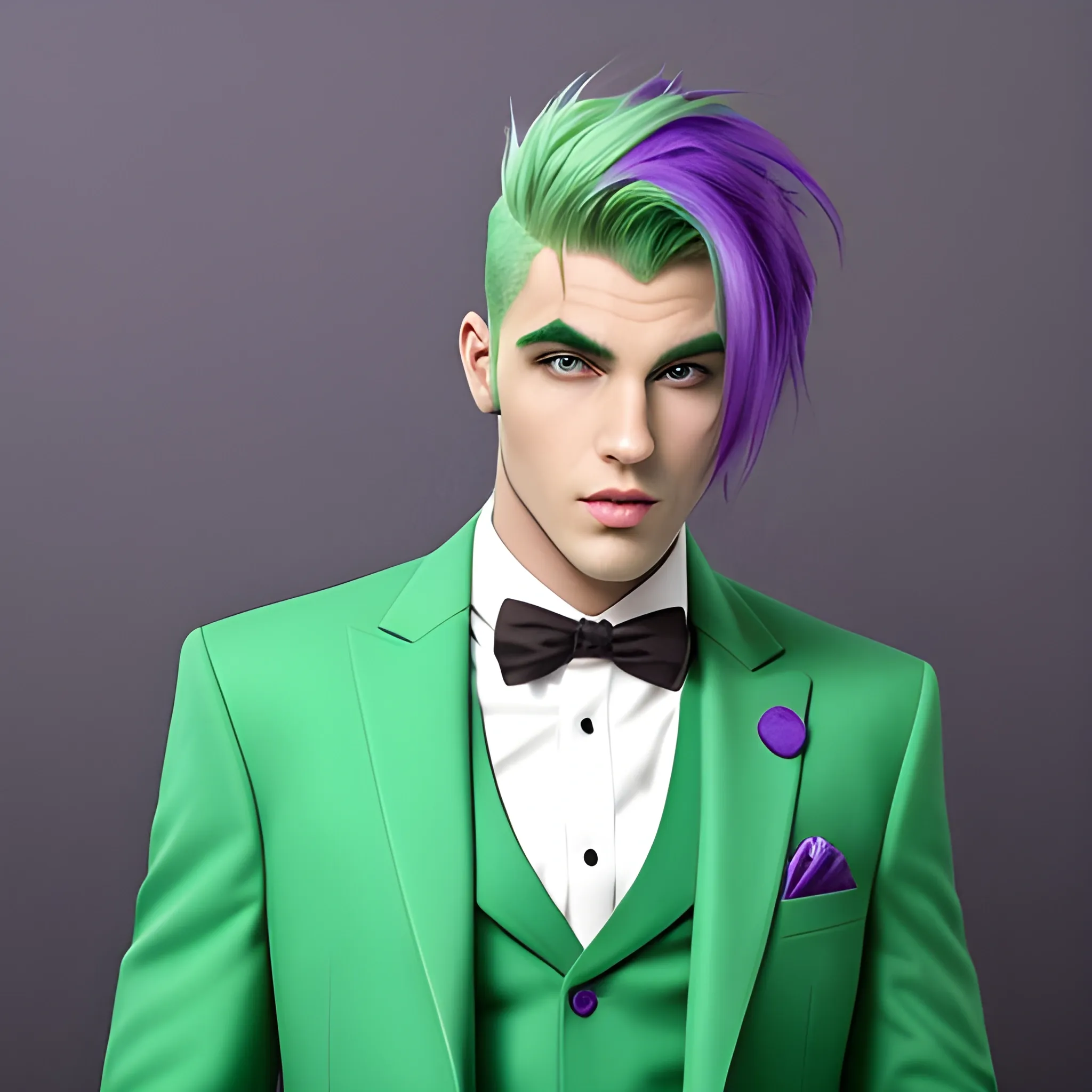 handsome guy with green hair and a purple suit
