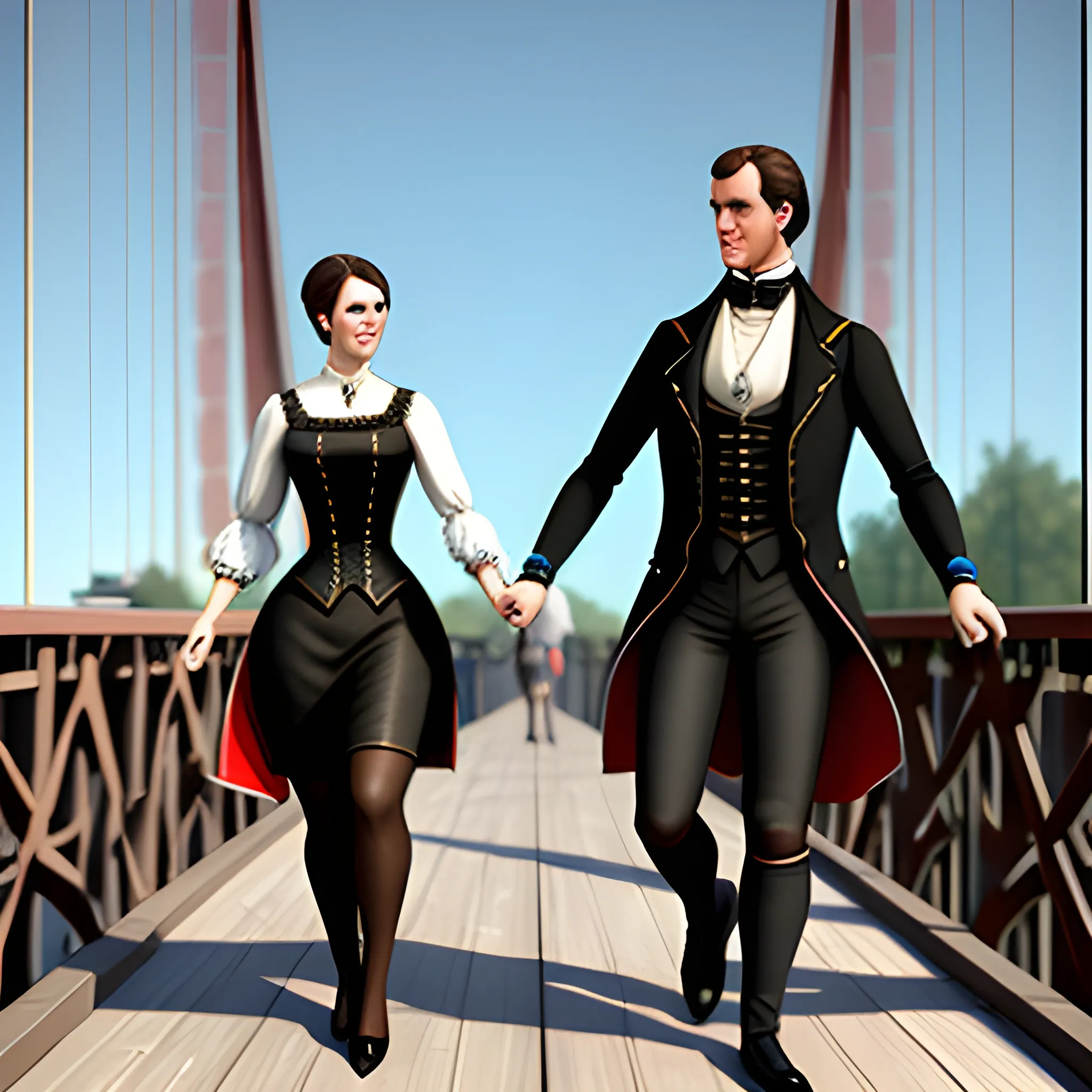 a girl 18-21 years old and her boyfriend 18-21 years old are beautiful walking on the bridge, 3D