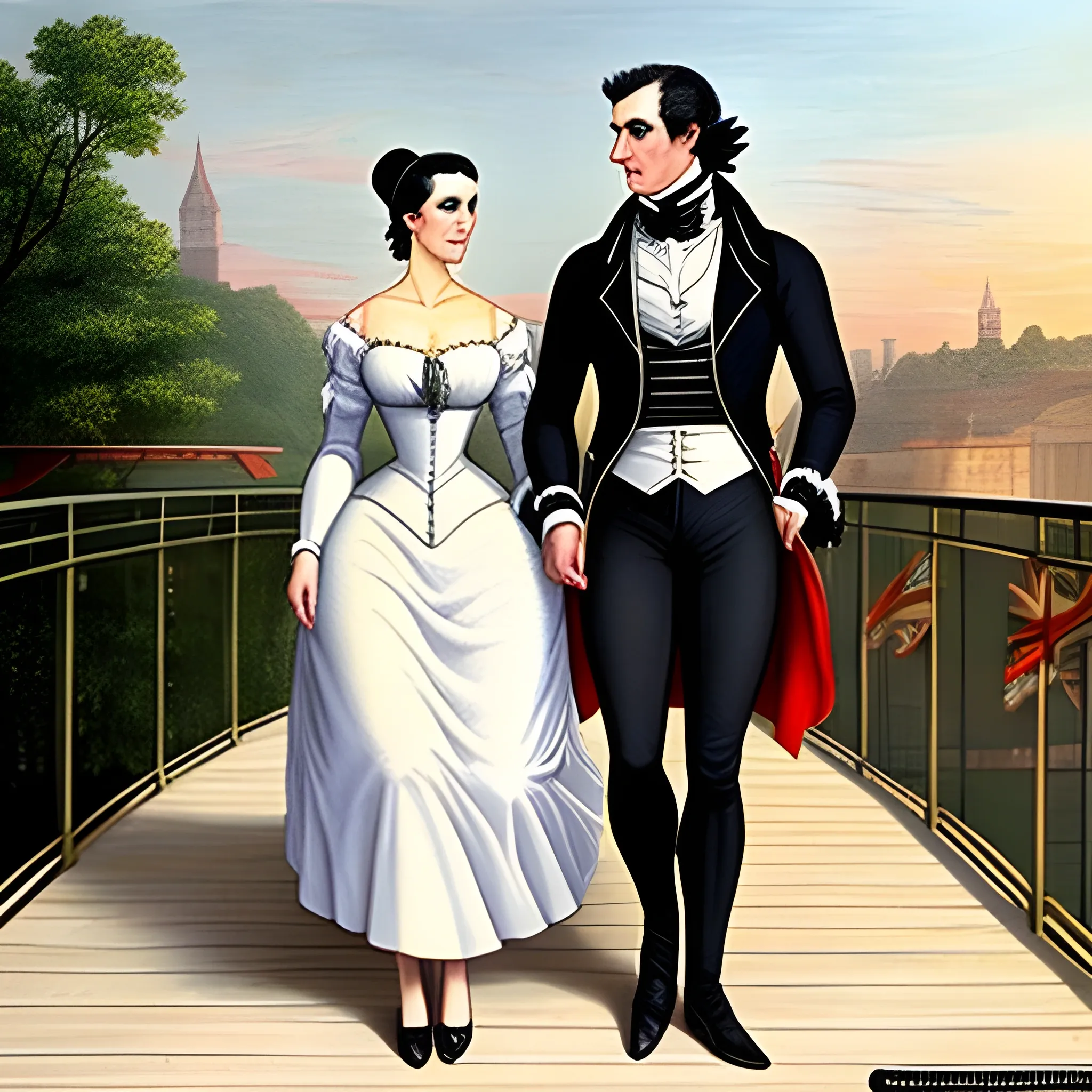 a girl 18-21 years old and her boyfriend 18-21 years old are beautiful walking on the bridge, Cartoon