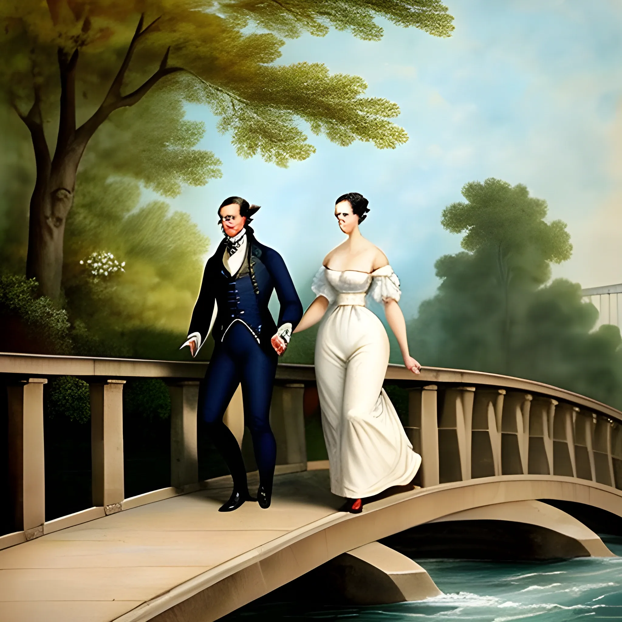 a girl 18-21 years old and her boyfriend 18-21 years old are beautiful walking on the bridge, Water Color