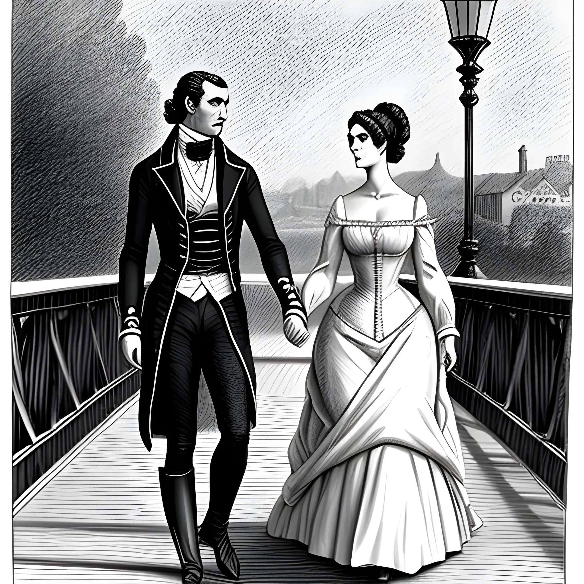 a girl 18-21 years old and her boyfriend 18-21 years old are beautiful walking on the bridge, Pencil Sketch