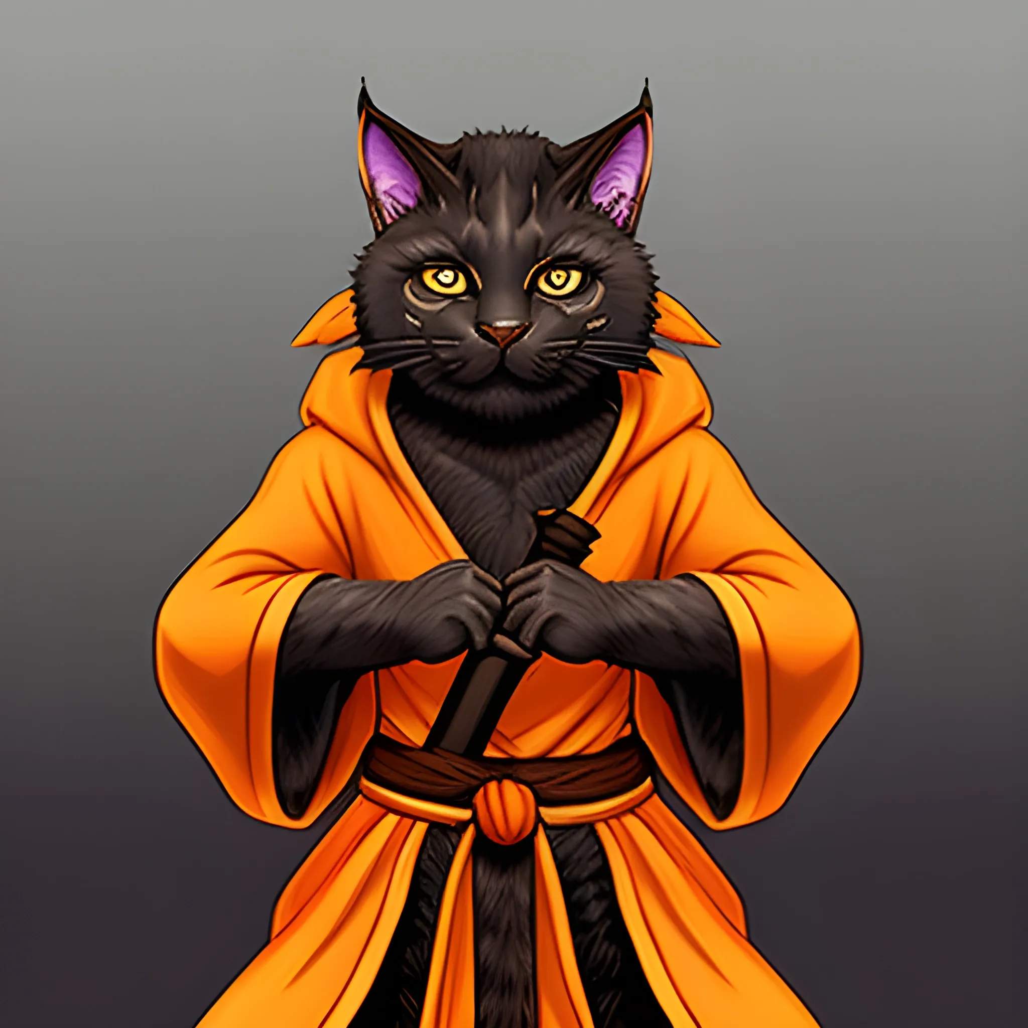 D&D character. Tabaxi Monk with quarterstaff. Black fur pieces ...