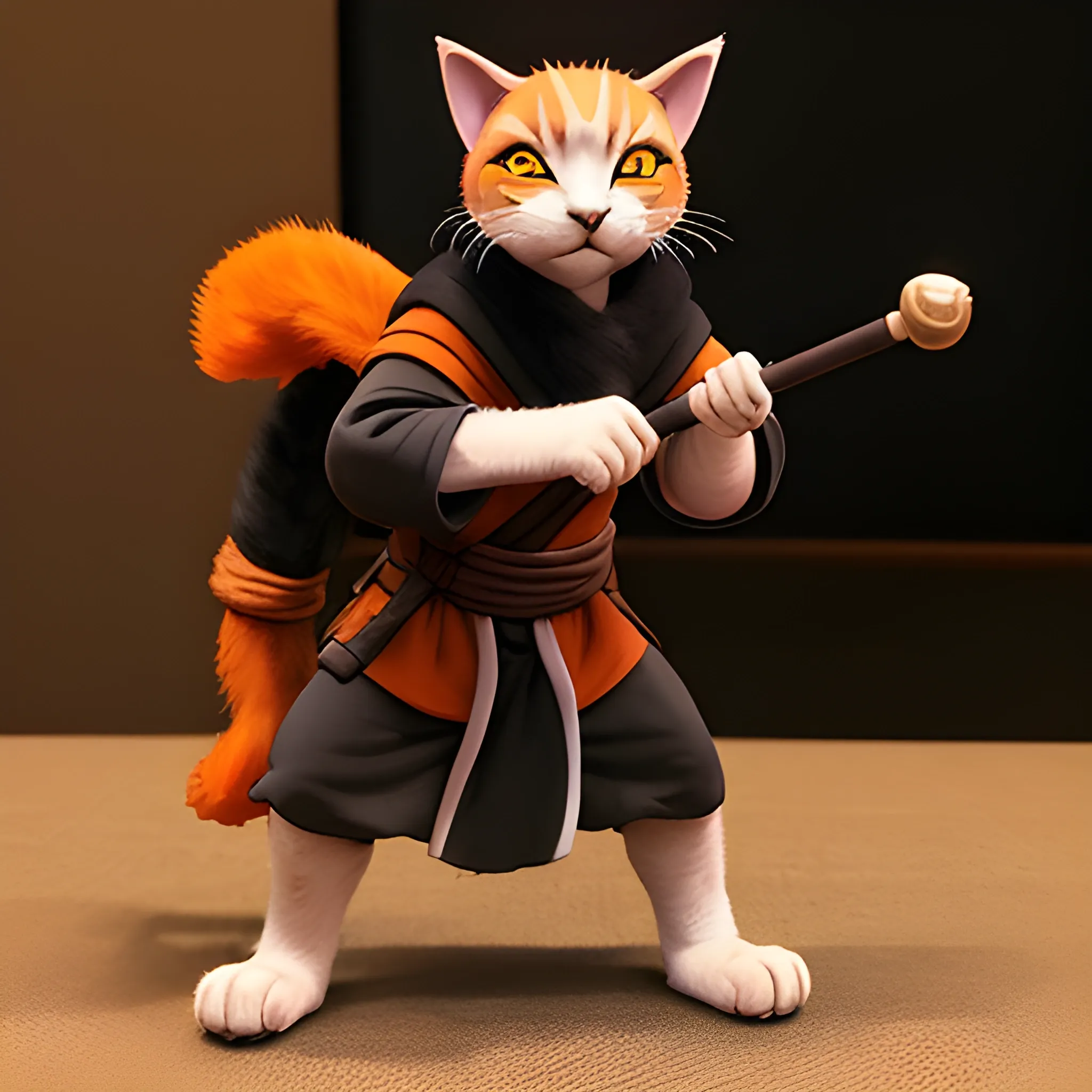 D&D character. 
Tabaxi Monk with quarterstaff.
Black fur
pieces of ear missing. White patch of fur in shape of 7. Orange eyes
White robes