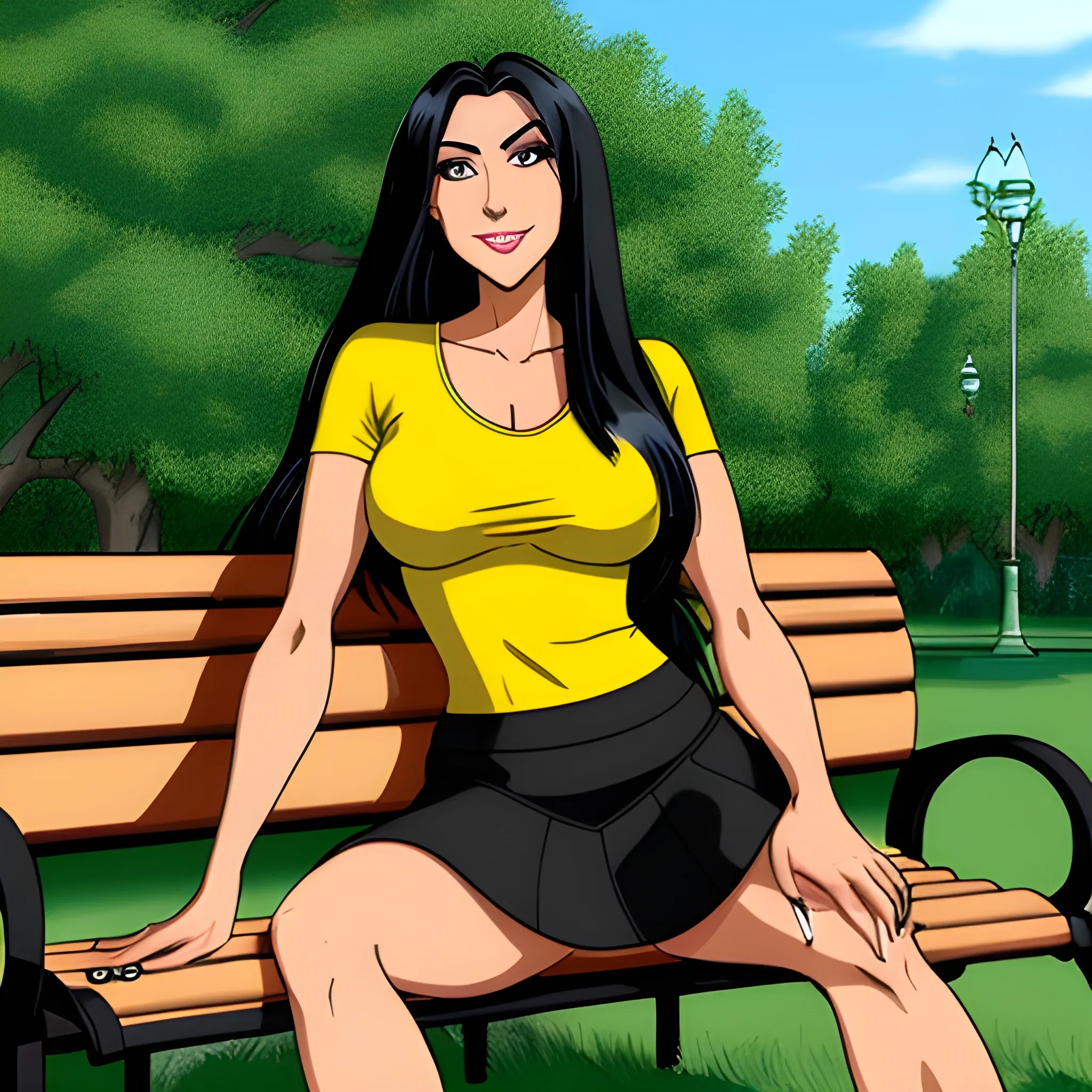 a girl with long black hair and tanned body  sitting on a bench in a park , she is wearing a yellow skirt and a green shirt , Cartoon