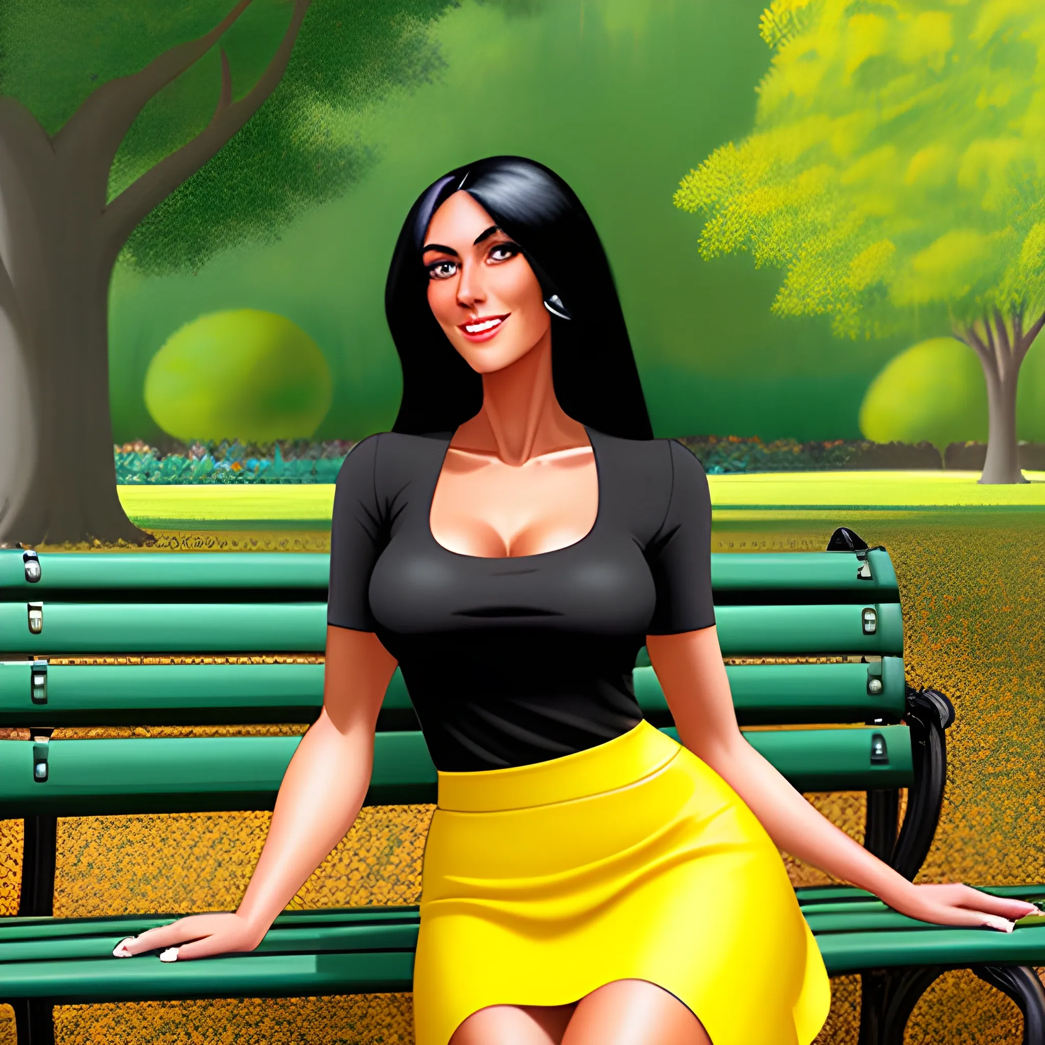 a girl with long black hair and tanned body  sitting on a bench in a park , she is wearing a yellow skirt and a green shirt , Cartoon, Oil Painting