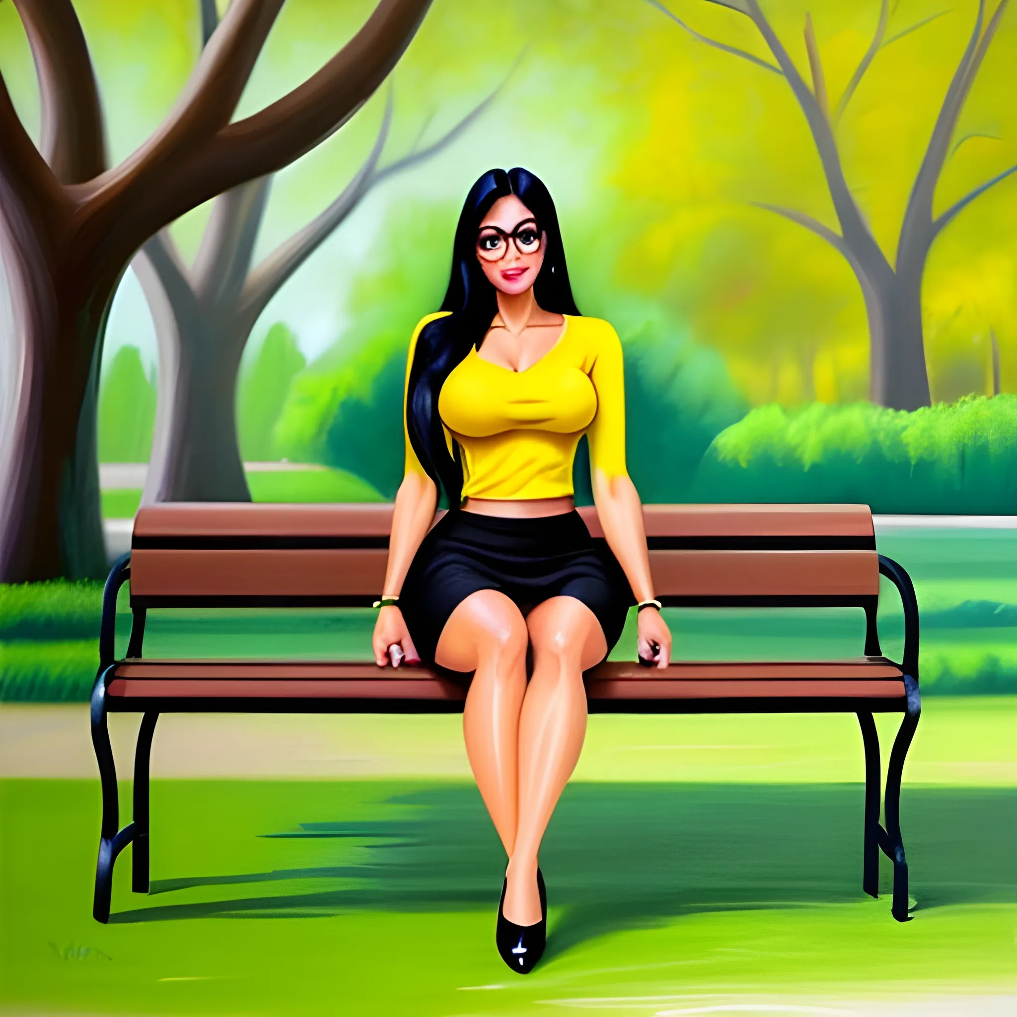 a girl with long black hair and tanned body  sitting on a bench in a park , she is wearing a yellow skirt and a green shirt , Cartoon, Oil Painting, Oil Painting