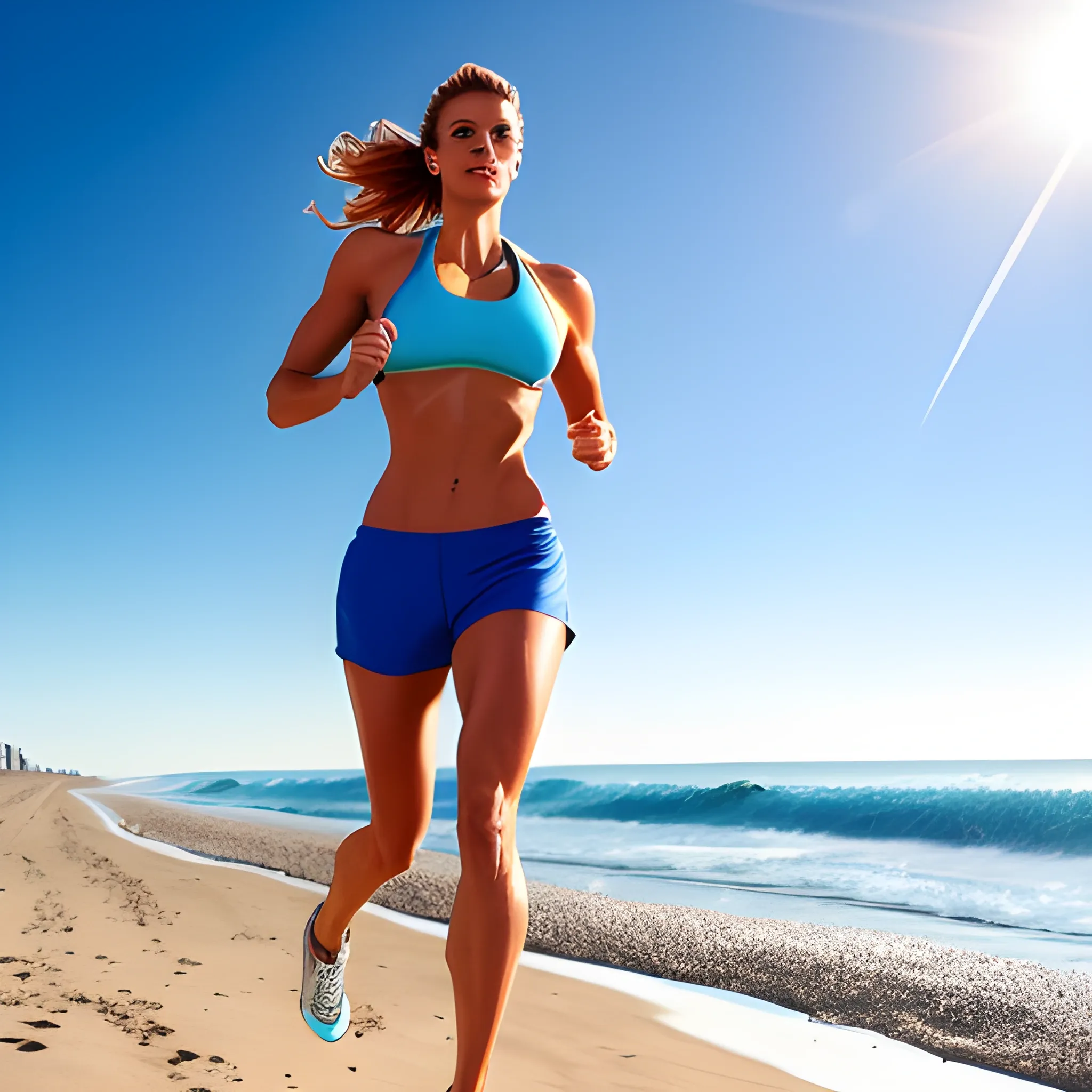 , 3D, girl running on the beach with headphones on, sunshine, waves.