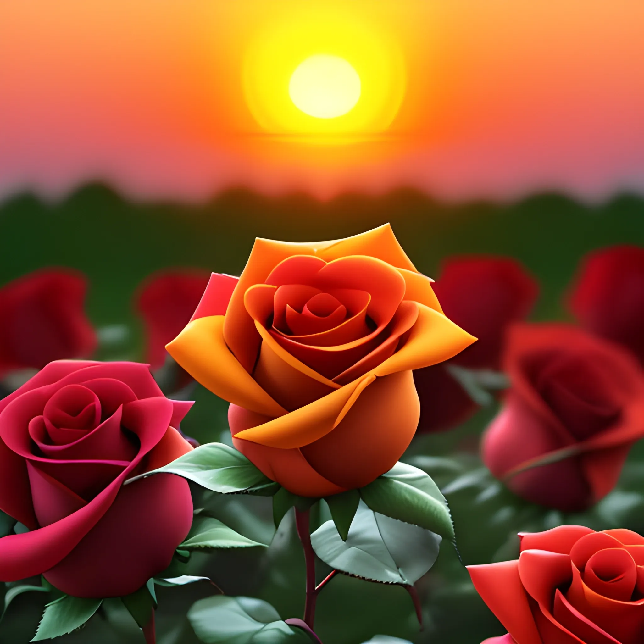 Create a beautiful roses with sun rising behind 
