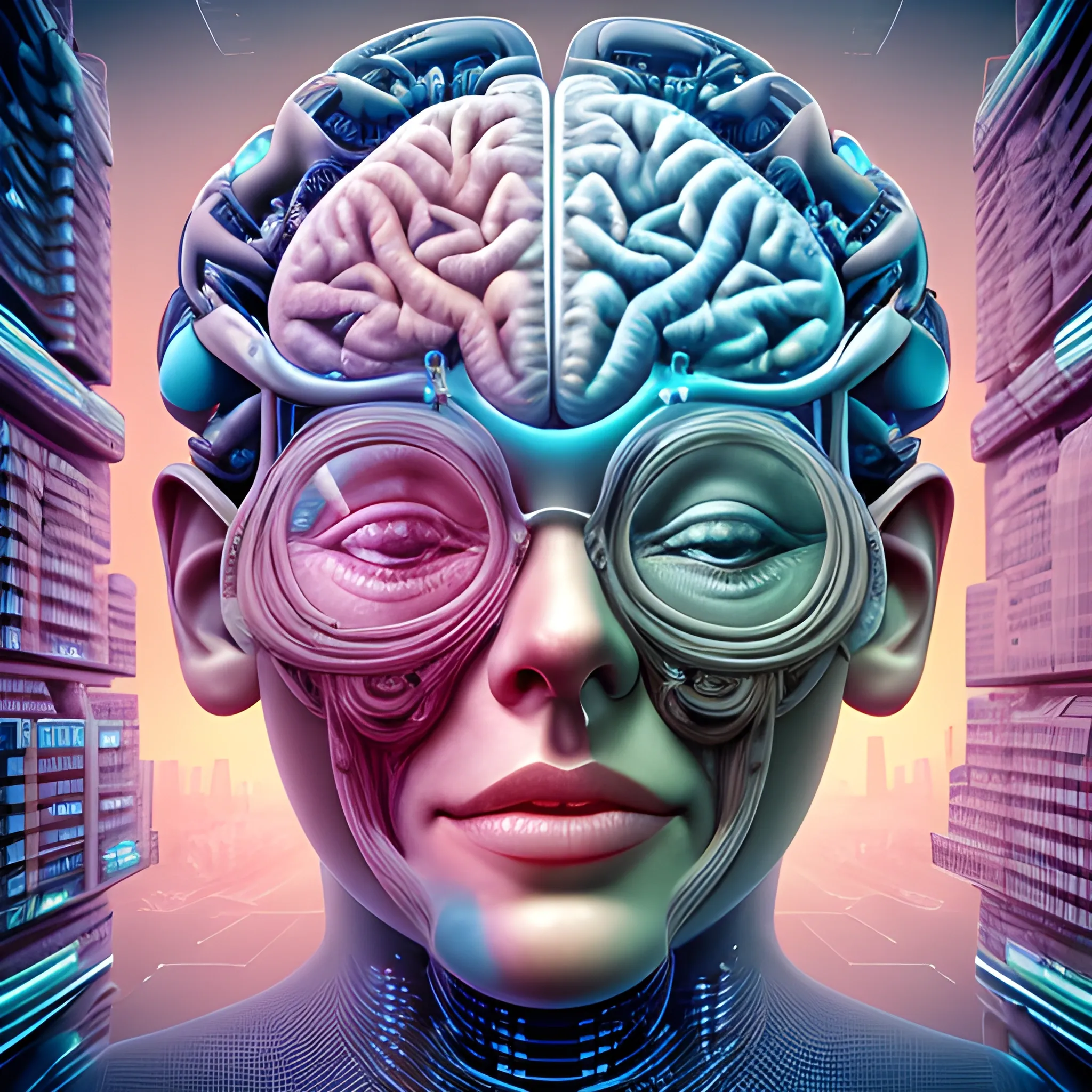 cutaway mat of a face is a hyperealistic brain city of many technologies, miniaturised within the brain and thoughts to create a futuristic society 3000 years from now, visualised in a ultra hyperealistic maximalist digital render of professional clarity and quality, Trippy