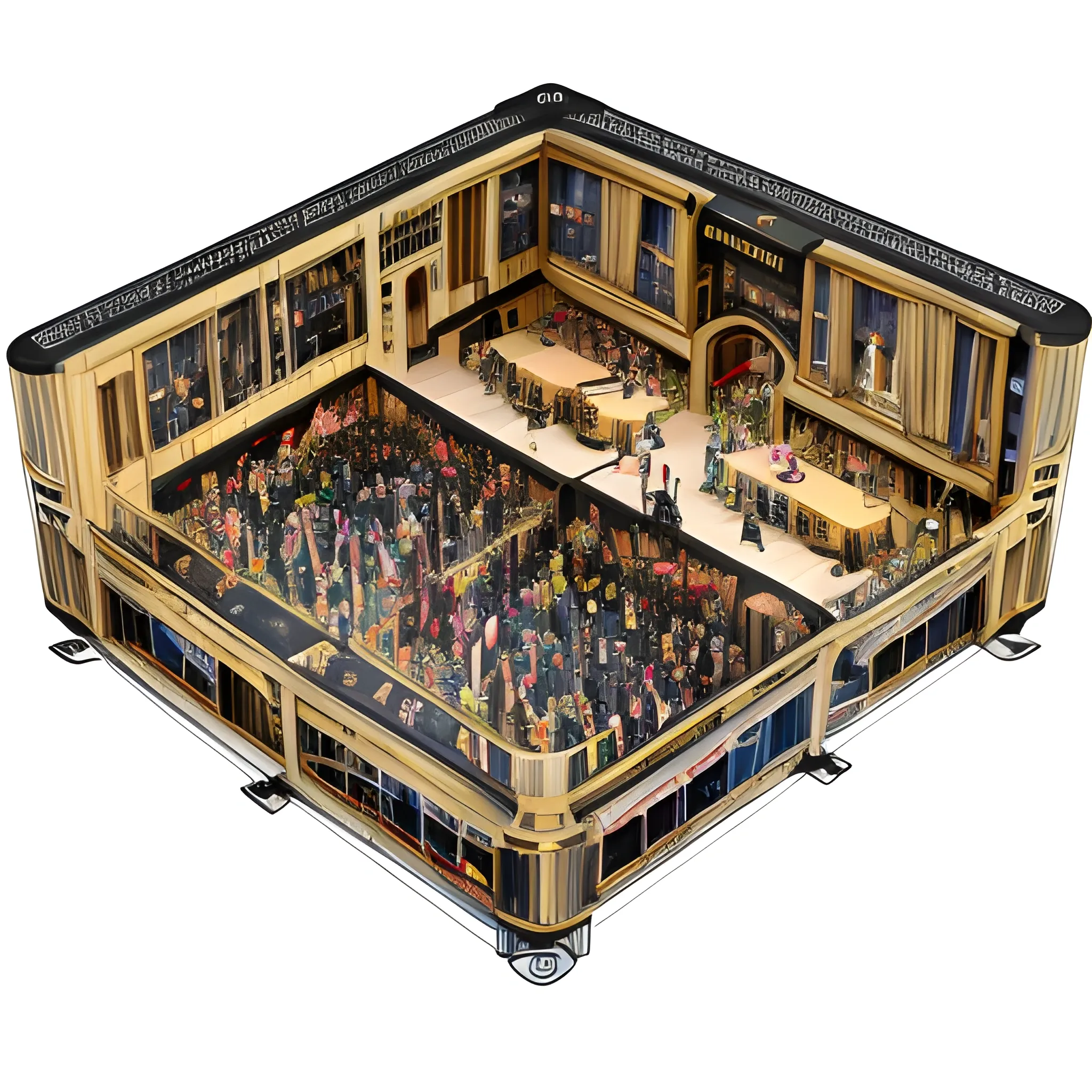 cutaway mat of a luxurious dance bar with peoples inside my head, visualized as a cutaway schematic in high quality 3d digital art, 32k wall paper ultra clarity sharp details,