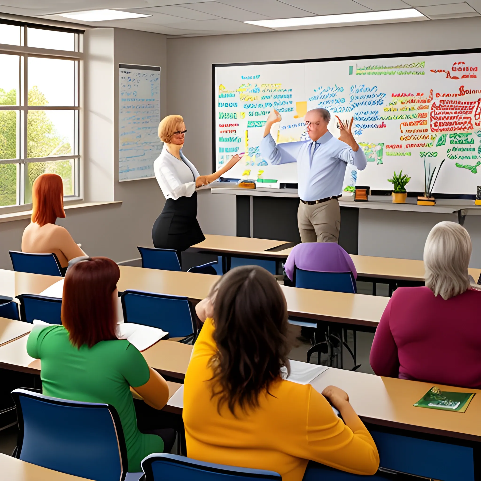 Create an image of a vibrant classroom scene where a teacher is actively engaging with students. The teacher is standing at the front of the classroom near a whiteboard, gesturing enthusiastically while explaining a lesson. The students, of various ages and ethnicities, are sitting at desks, attentively listening and taking notes. The classroom is decorated with colorful educational posters, bookshelves filled with books, and a large window letting in natural light. Some students have their hands raised, eager to participate. The atmosphere is lively and focused on learning