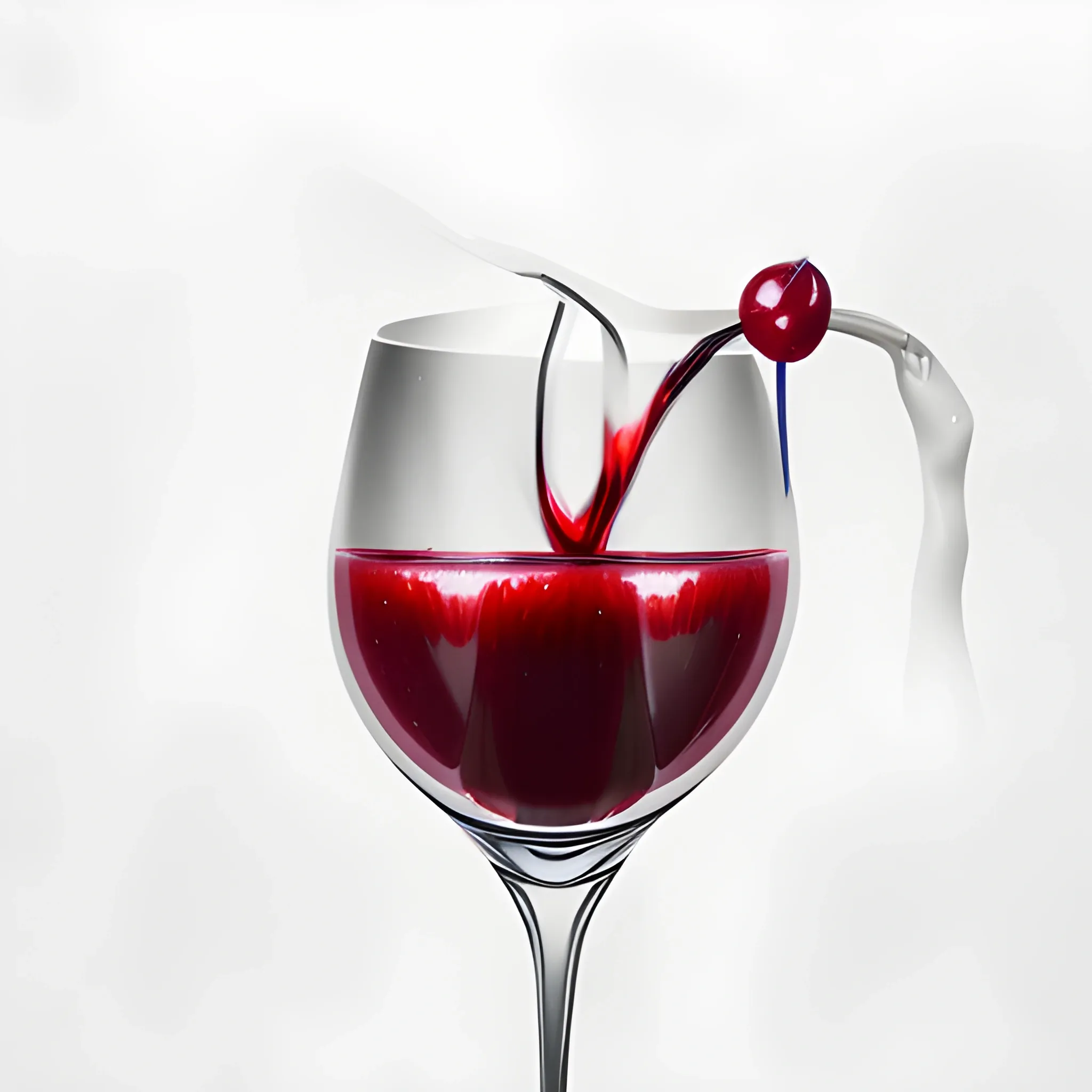 (single:1.9) Cherries, (liquid juice splashes:1.35), lipstick in wine glass, lips print on Glass, photography, (white background:1.5), 200 mm lens, close up shot, sharp focus, wallpaper, 8k, high resolution render, cinematic, epic scale, volumetric lighting, ultra wide angle, intricate details, vibrant colors