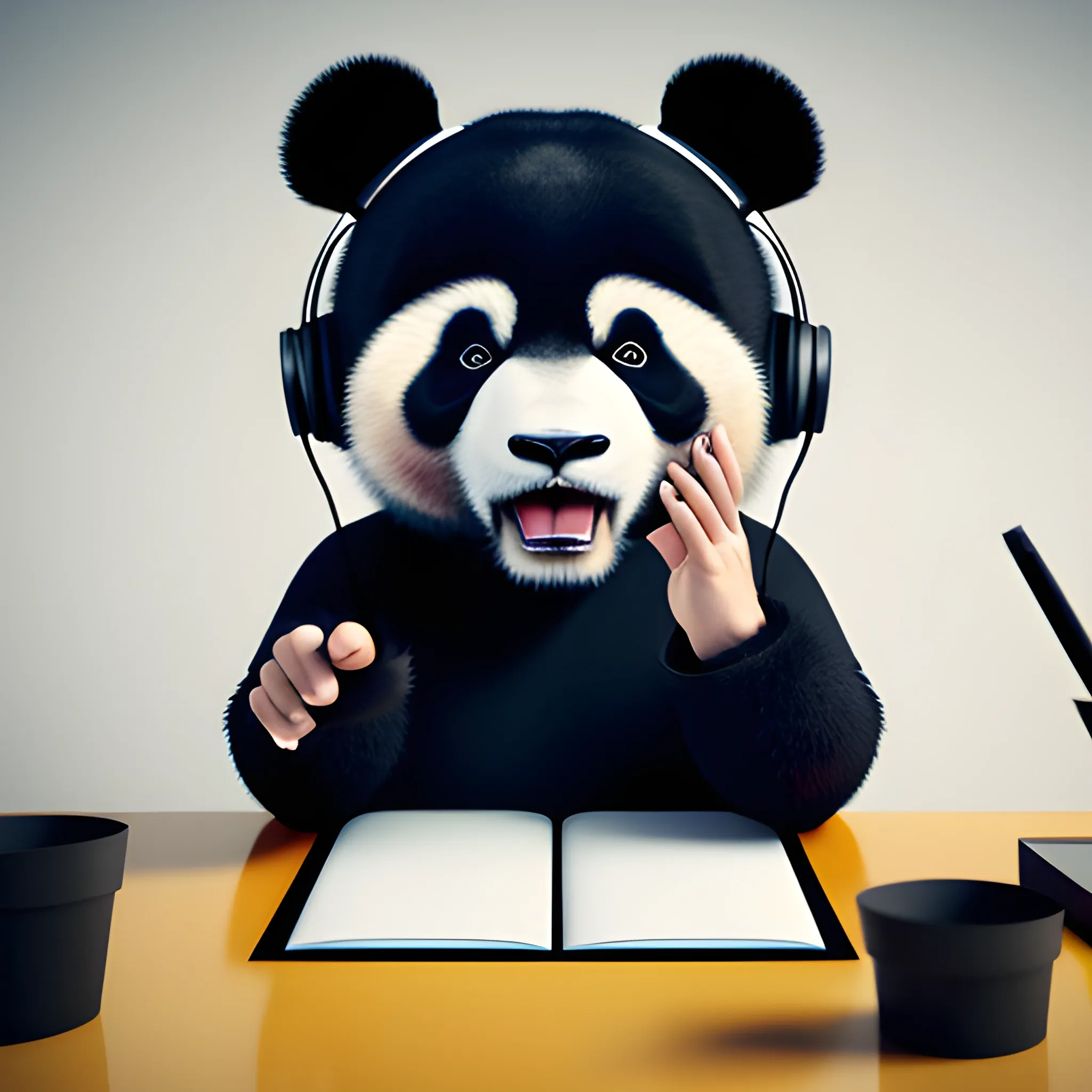 Angry Panda sitting at a desk in an office wearing headphones. Flipping off the camera. , 3D