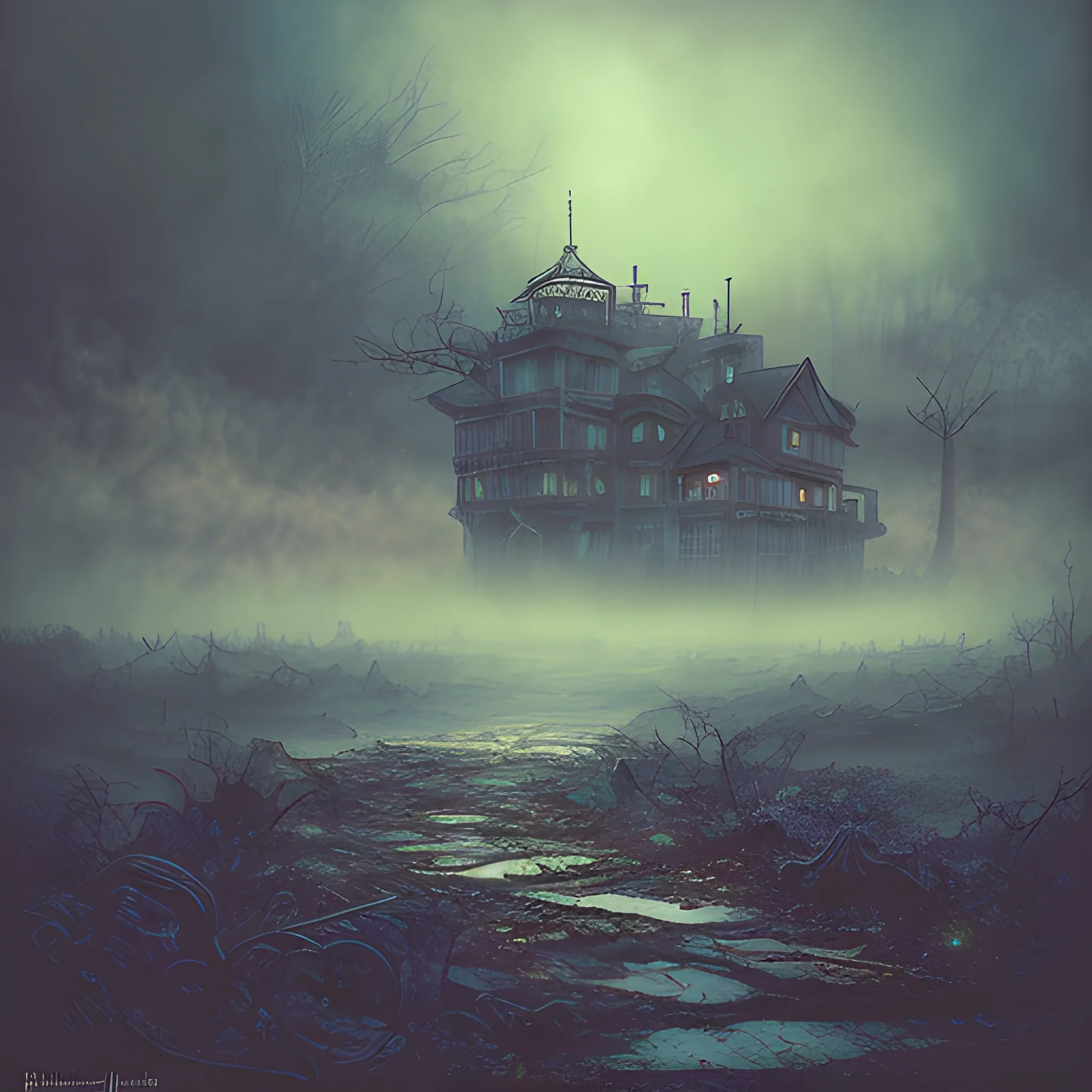 Post-apocalyptic landscape in the style of Hokusai, Jeremiah Ketner, Kim Keever, and John Atkinson Grimshaw, abandoned port, dark woods, steam, fog, smoke, vivid colors, 16K clarity, darkpunk gothic horror, IMAX photograph quality, watercolor, trending on ArtStation, sharp focus, studio photo, intricate details, highly detailed, Greg Rutkowski signature style, Trippy