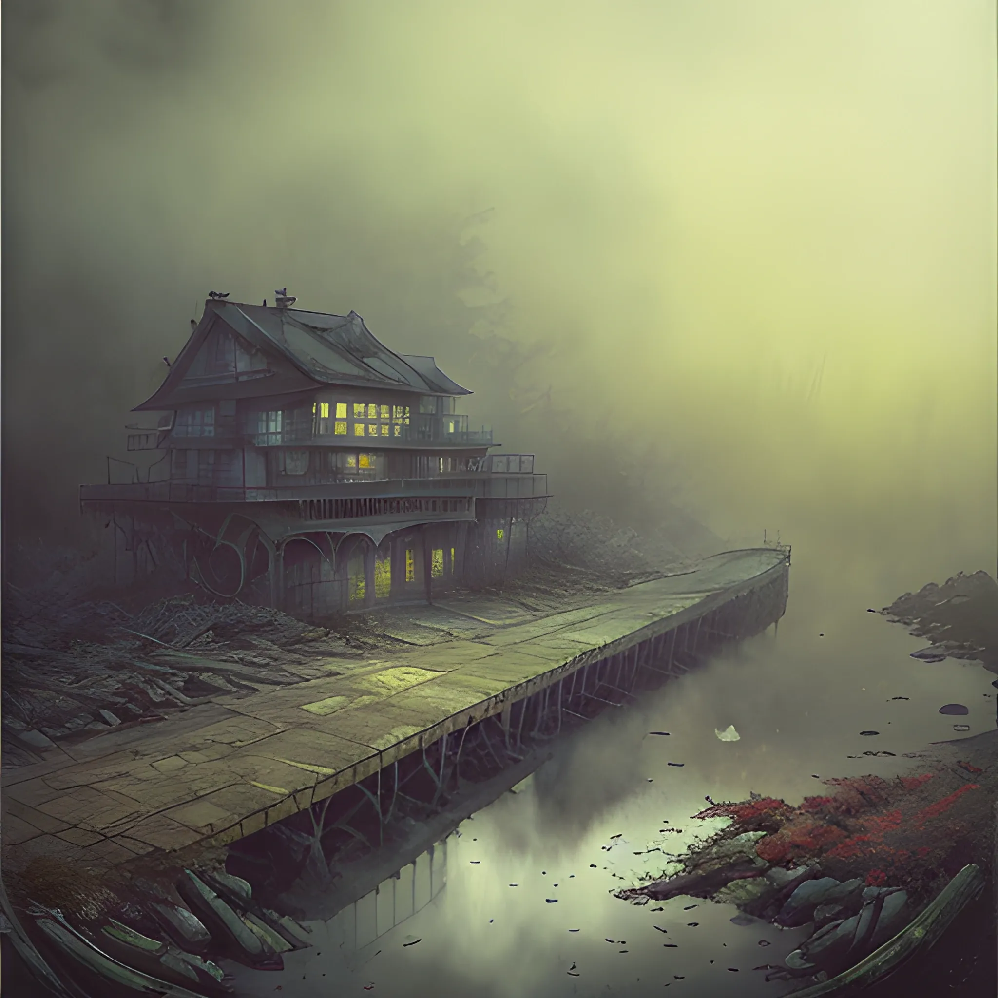 Post-apocalyptic landscape in the style of Hokusai, Jeremiah Ketner, Kim Keever, and John Atkinson Grimshaw, abandoned port, dark woods, steam, fog, smoke, vivid colors, 16K clarity, darkpunk gothic horror, IMAX photograph quality, watercolor, trending on ArtStation, sharp focus, studio photo, intricate details, highly detailed, Greg Rutkowski signature style, Water Color