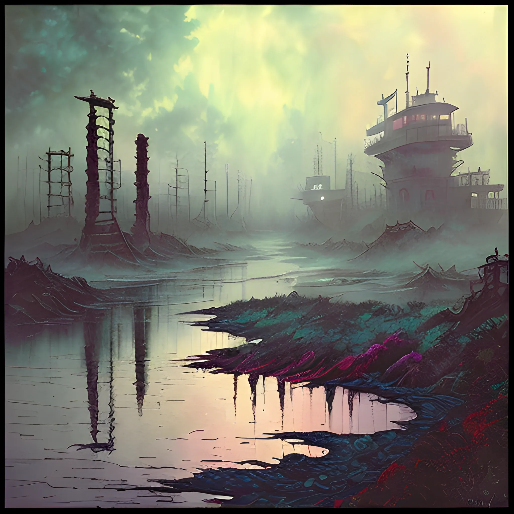 Post-apocalyptic landscape in the style of Hokusai, Jeremiah Ketner, Kim Keever, and John Atkinson Grimshaw, abandoned port, dark woods, steam, vivid colors, 16K clarity, steampunk mechart, darkpunk gothic horror, IMAX photograph quality, watercolor, trending on ArtStation, sharp focus, studio photo, intricate details, highly detailed, Greg Rutkowski signature style, Vibrant Water Color