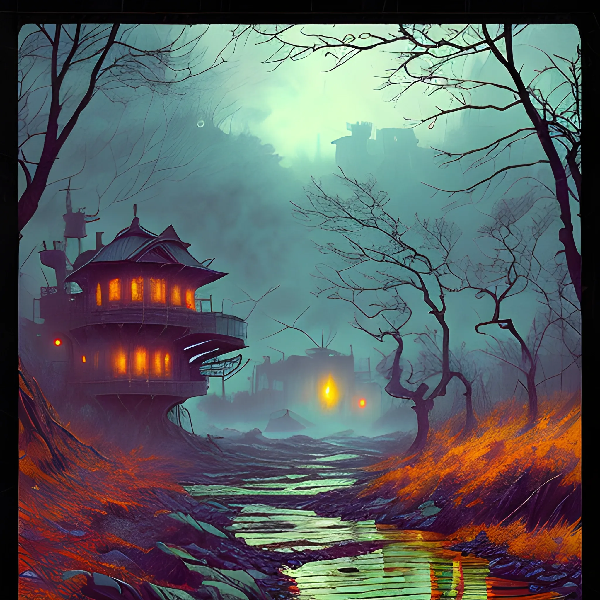 Post-apocalyptic landscape in the style of Hokusai, Jeremiah Ketner, Kim Keever, and John Atkinson Grimshaw, abandoned port, dark woods, vivid colors, 16K clarity, steampunk mechart, darkpunk gothic, IMAX photograph quality, watercolor, trending on ArtStation, sharp focus, studio photo, intricate details, highly detailed, Greg Rutkowski signature style, Vibrant