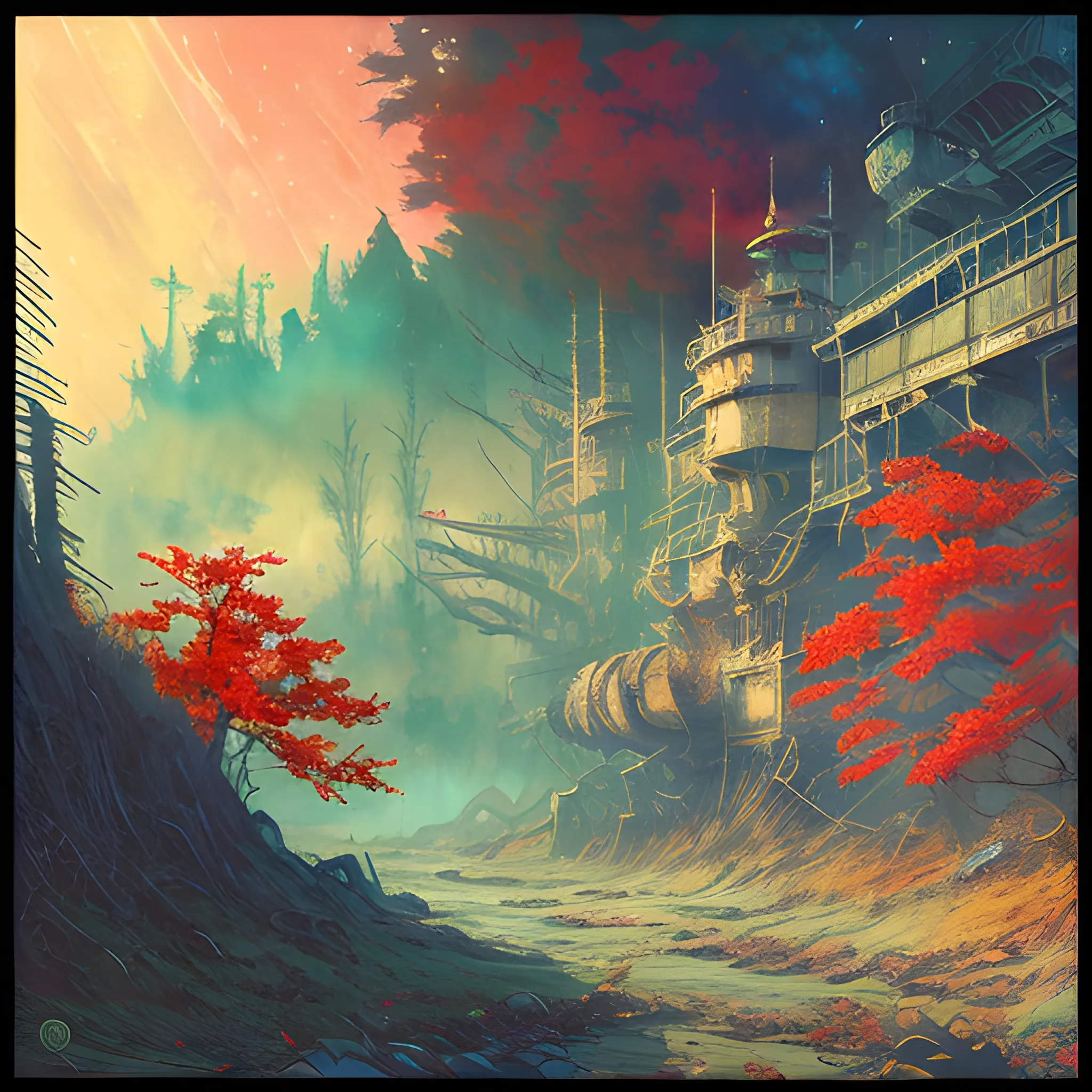 Post-apocalyptic landscape in the style of Hokusai, Jeremiah Ketner, Kim Keever, and John Atkinson Grimshaw, abandoned port, fall forest, vivid colors, 16K clarity, steampunk mechwarrior searching, darkpunk gothic, IMAX photograph quality, watercolor, trending on ArtStation, sharp focus, studio photo, intricate details, highly detailed, Greg Rutkowski signature style, Vibrant