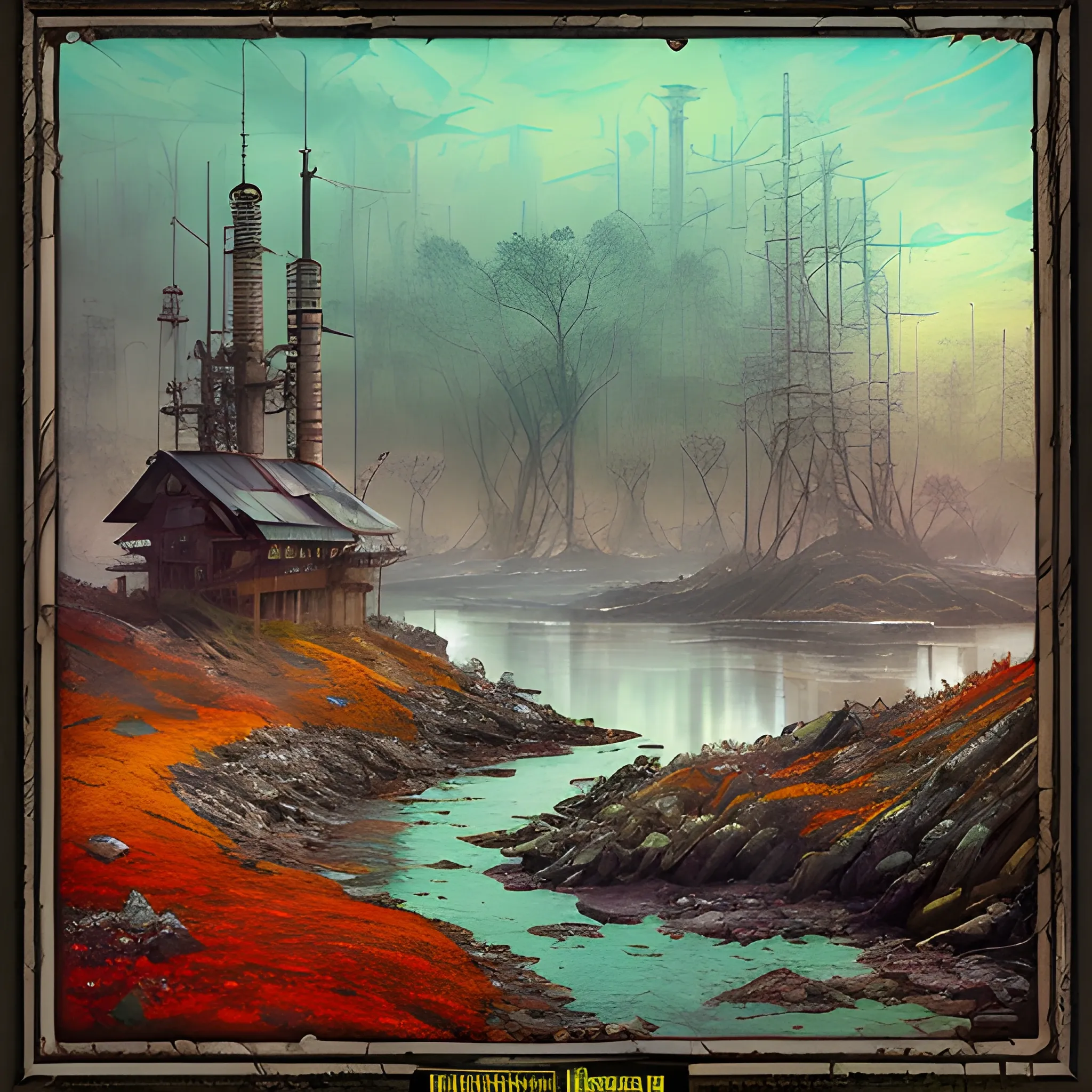 Post-apocalyptic landscape in the style of Hokusai, Jeremiah Ketner, Kim Keever, and John Atkinson Grimshaw, abandoned port, fall forest, vivid colors, 16K clarity, steampunk mechwarrior searching, darkpunk gothic, IMAX photograph quality, watercolor, trending on ArtStation, sharp focus, studio photo, intricate details, highly detailed, Greg Rutkowski signature style, clear, clean, Vibrant