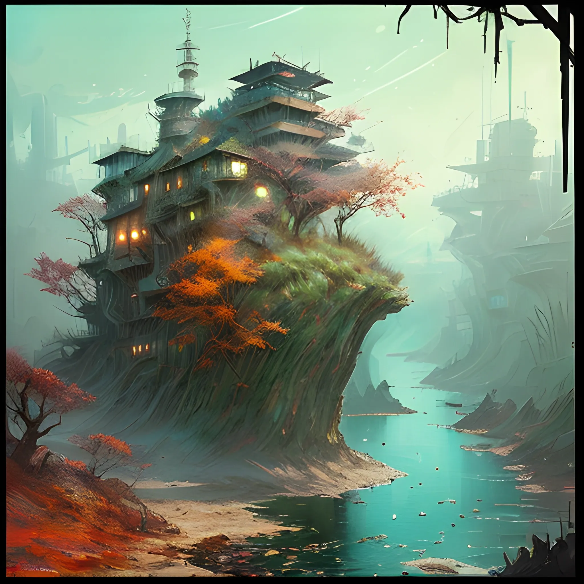 Post-apocalyptic landscape in the style of Hokusai, Jeremiah Ketner, Kim Keever, and John Atkinson Grimshaw, abandoned port, lush green and fall colored forest, vivid colors, 16K clarity, steampunk mechwarrior searching, darkpunk gothic, IMAX photograph quality, watercolor, trending on ArtStation, sharp focus, studio photo, intricate details, highly detailed, Greg Rutkowski signature style, clear, clean, Vibrant