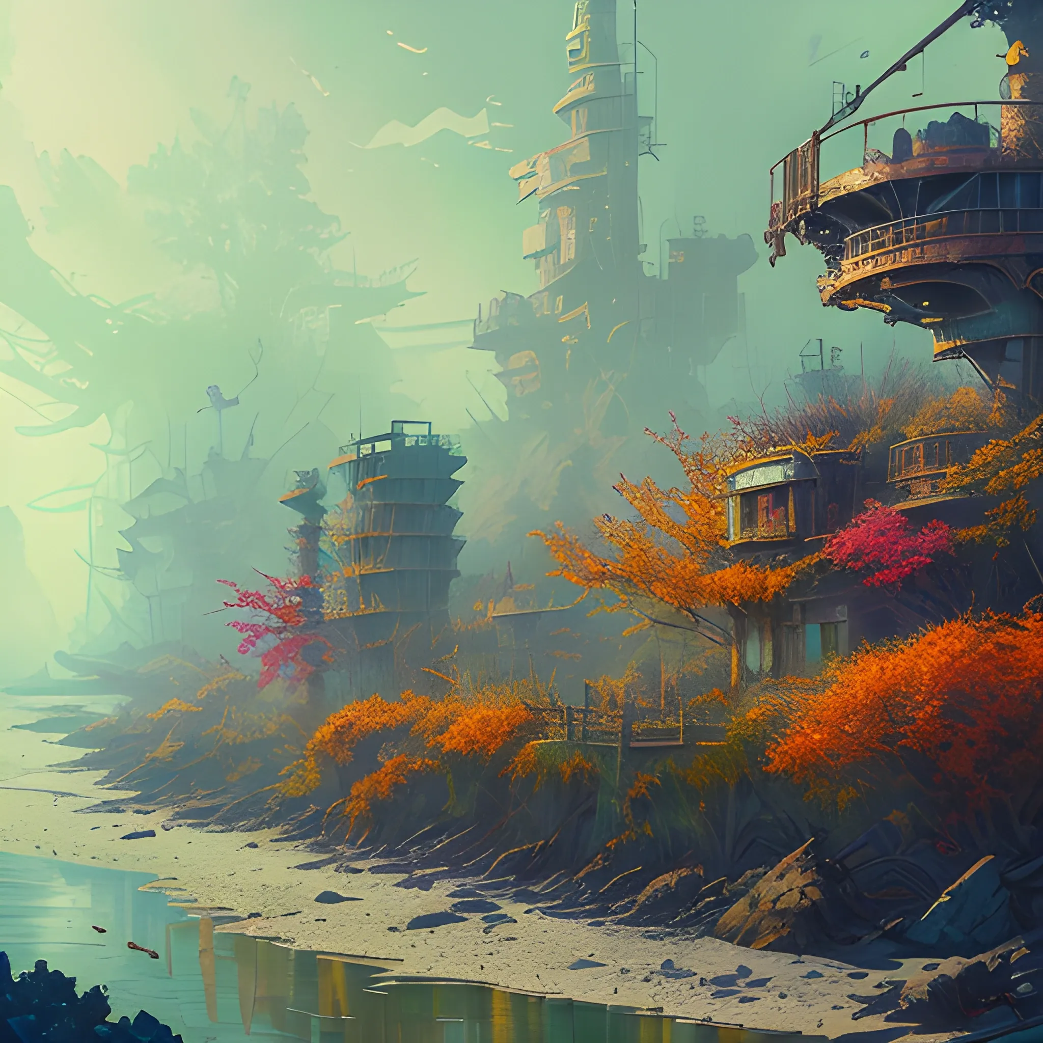 Post-apocalyptic landscape in the style of Hokusai, Jeremiah Ketner, Kim Keever, and John Atkinson Grimshaw, abandoned port, lush green and fall colored forest, vivid colors, 16K clarity. Steampunk mechwarrior roaming around the abandoned port. Darkpunk gothic, IMAX photograph quality, watercolor, trending on ArtStation, sharp focus, studio photo, intricate details, highly detailed, Greg Rutkowski signature style, clear, clean, Vibrant