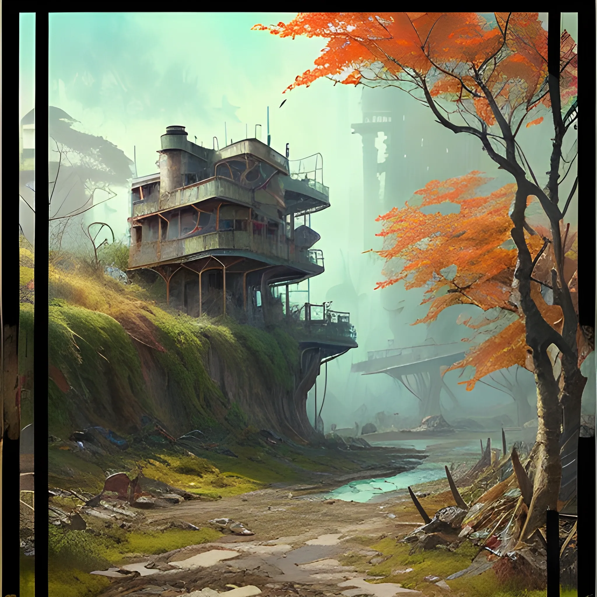 Post-apocalyptic landscape in the style of Hokusai, Jeremiah Ketner, Kim Keever, and John Atkinson Grimshaw, abandoned port, lush green and fall colored forest, vivid colors, 16K clarity, with a Steampunk mechwarrior roaming around the abandoned port. Darkpunk gothic, IMAX photograph quality, watercolor, trending on ArtStation, sharp focus, studio photo, intricate details, highly detailed, Greg Rutkowski signature style, clear, clean, Vibrant