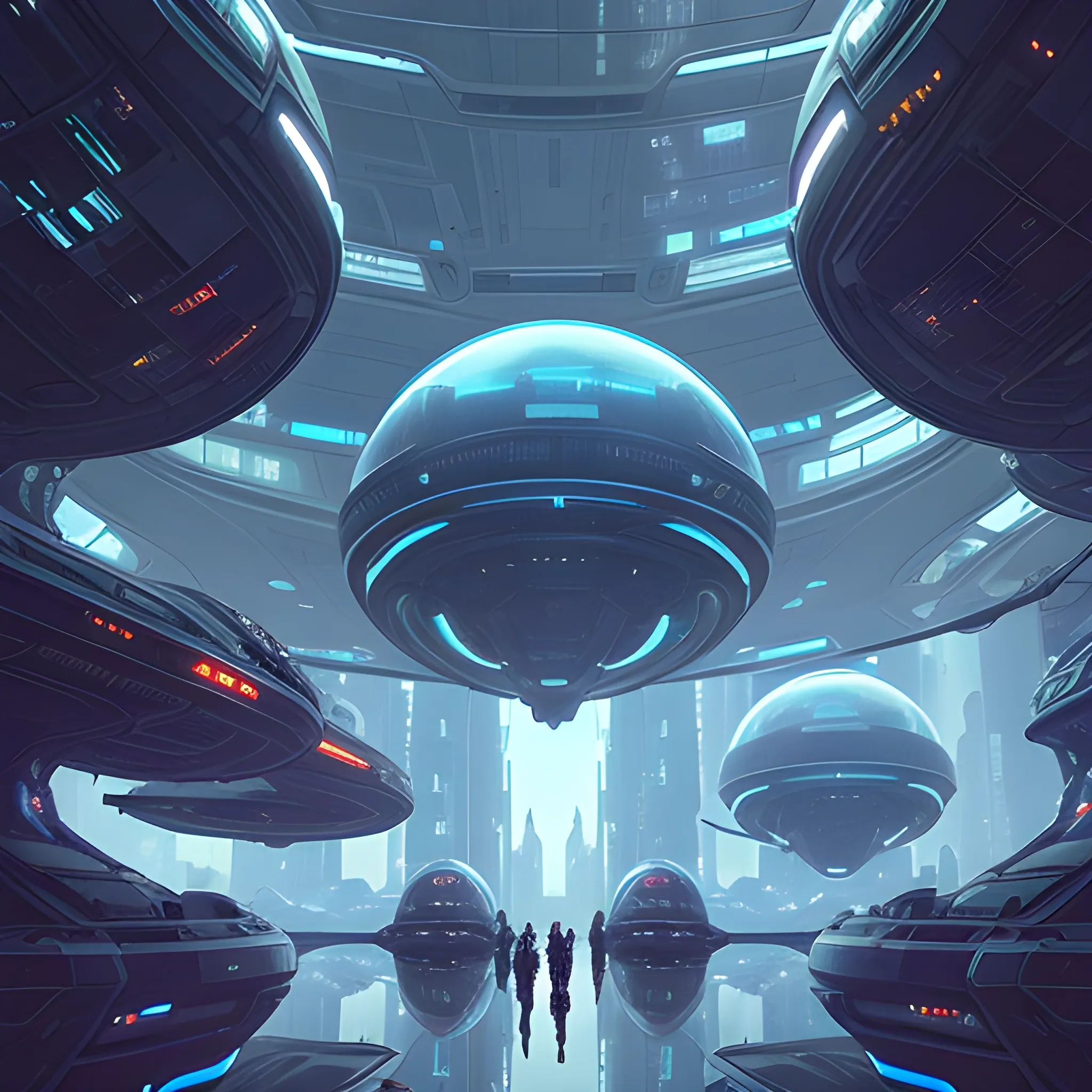 A massive floating space station with glass domes floats above the city. People walk on suspended bridges and buildings in the cyberpunk style. Scifi art in the style of Craig Mullins. A futuristic spaceship with a space exploration theme and blue lights. People in spacesuits walking around.