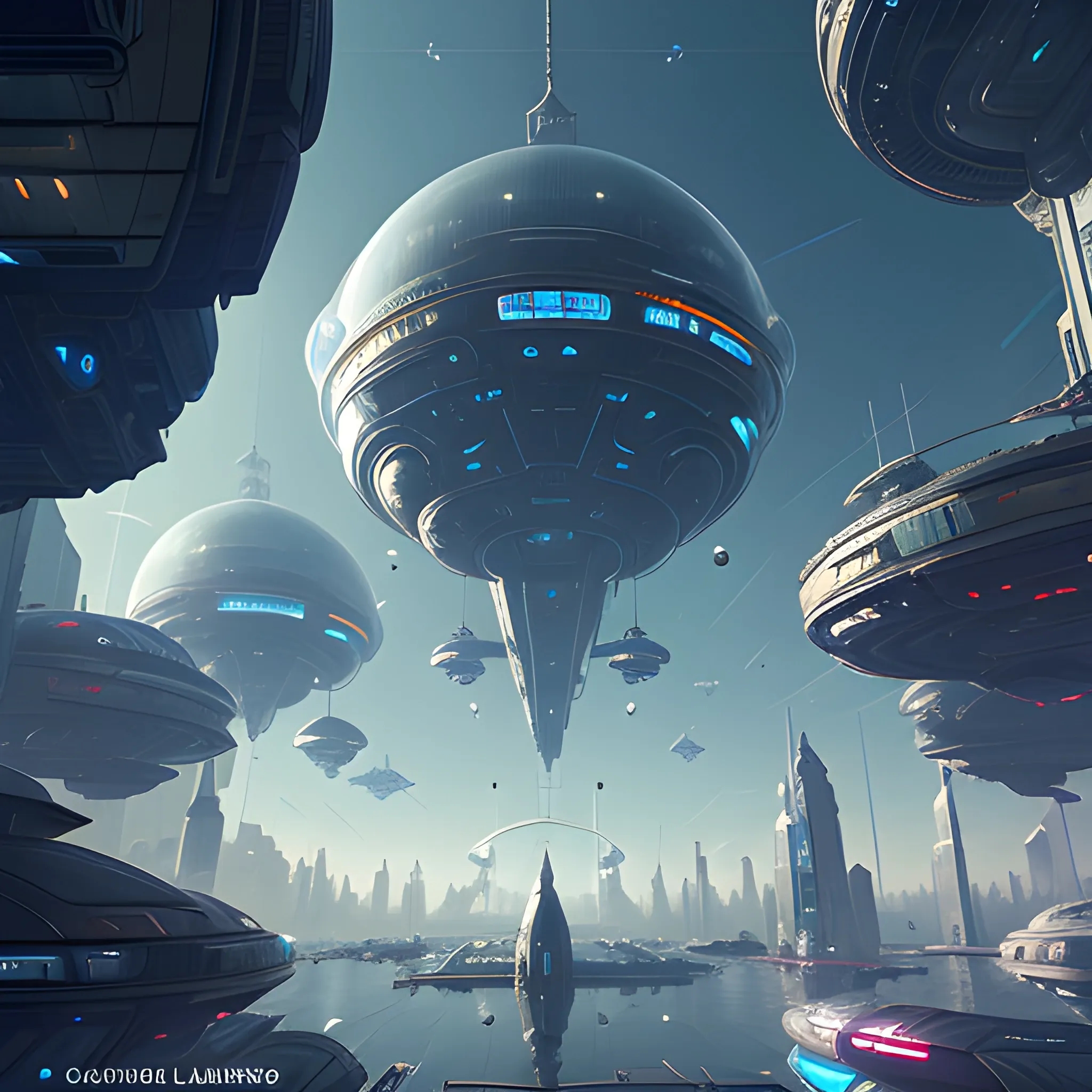 A massive floating space station with glass domes floats above the city. People walk on suspended bridges and buildings in the cyberpunk style. Scifi art in the style of Craig Mullins. A futuristic spaceship with a space exploration theme and blue lights. People in spacesuits walking around.