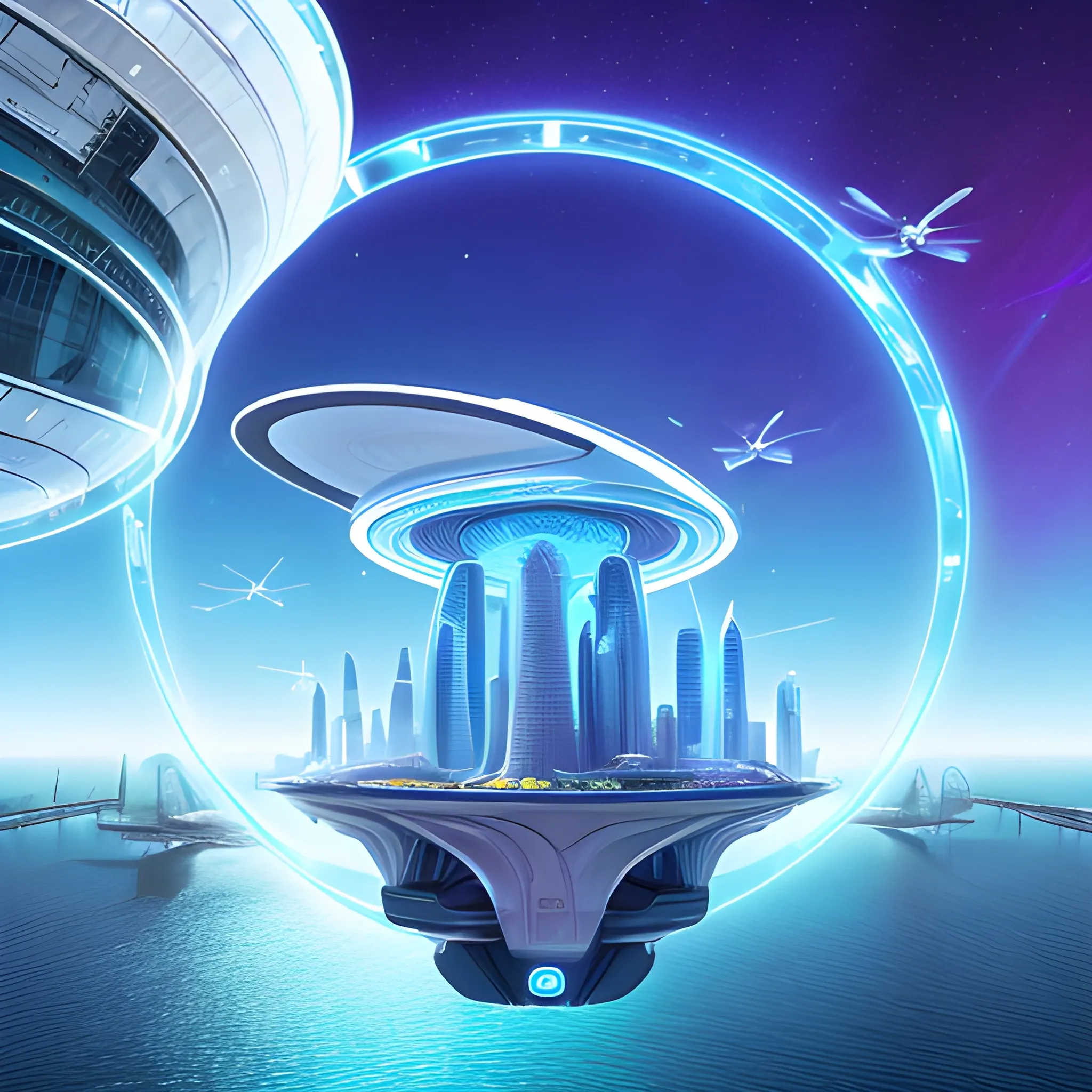 A futuristic city with flying cars and holographic displays, connected by spiral bridges over an ethereal ocean. The sky is a clear blue, and the buildings have metallic textures. In one corner of the scene, there is a large floating structure resembling the torus symbol, glowing in shades of a white to light blue gradient. A drone flies above it, capturing its majestic presence against the backdrop of the distant planet. --s 750 --v 6.0