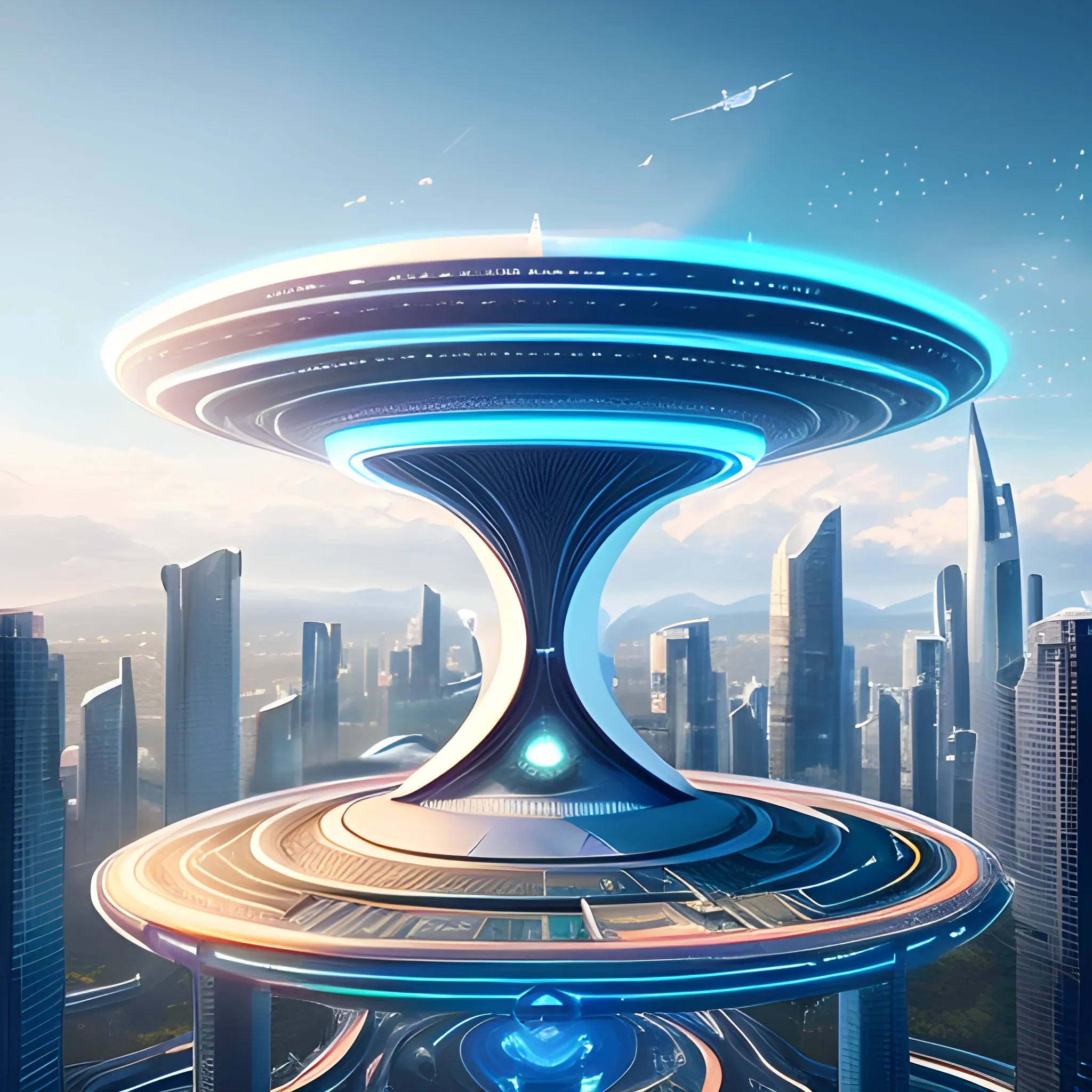 A futuristic city with flying cars and holographic displays, connected by spiral bridges over an ethereal ocean. The sky is a clear blue, and the buildings have metallic textures. In one corner of the scene, there is a large floating structure resembling the torus symbol, glowing in shades of a white to light blue gradient. A drone flies above it, capturing its majestic presence against the backdrop of the distant planet. --s 750 --v 6.0