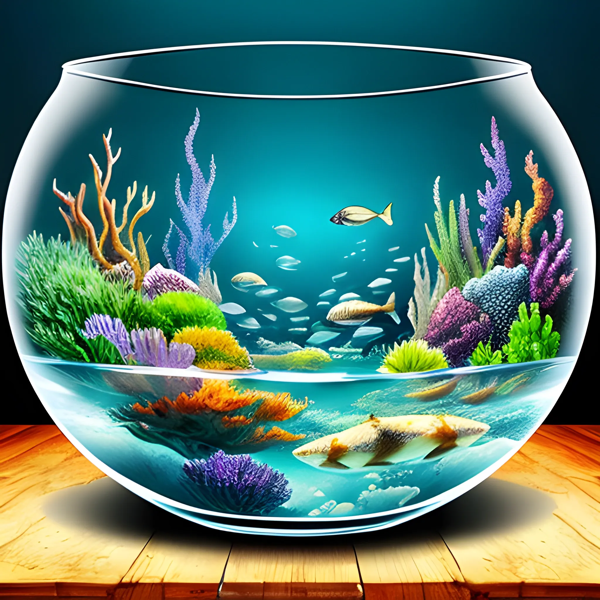 Tiny underwater complete world in large glass bowl, water, omnilight. Sharp, detailed and intricate environment