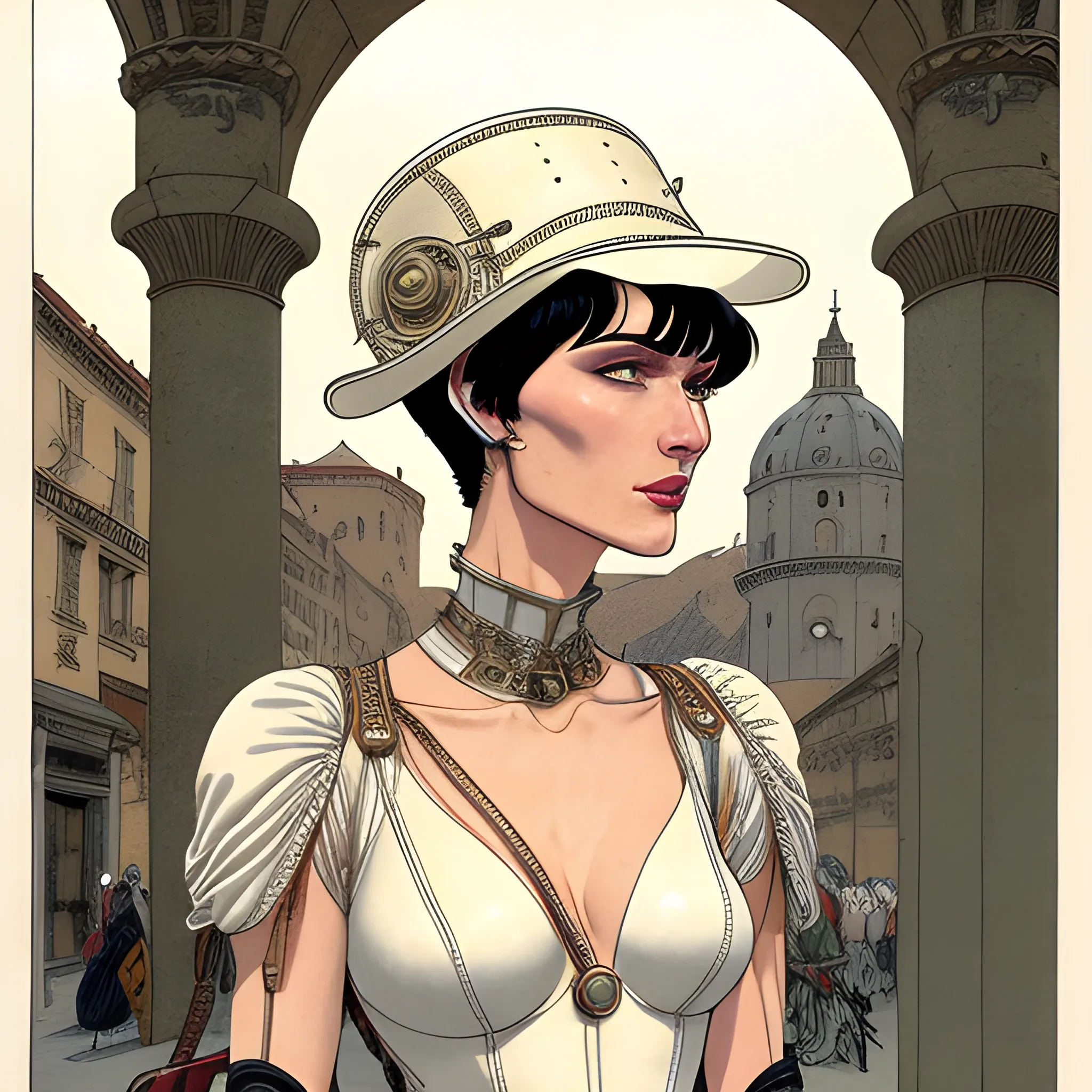 A plain, thin, pale young woman. She has short white hair in a "roman holiday" short cut, with bangs. She is wearing a leather hat with long ear flaps. She is wearing medieval cotton clothing. Surrealism, Science Fiction, Moebius, and Intricate Line Work.