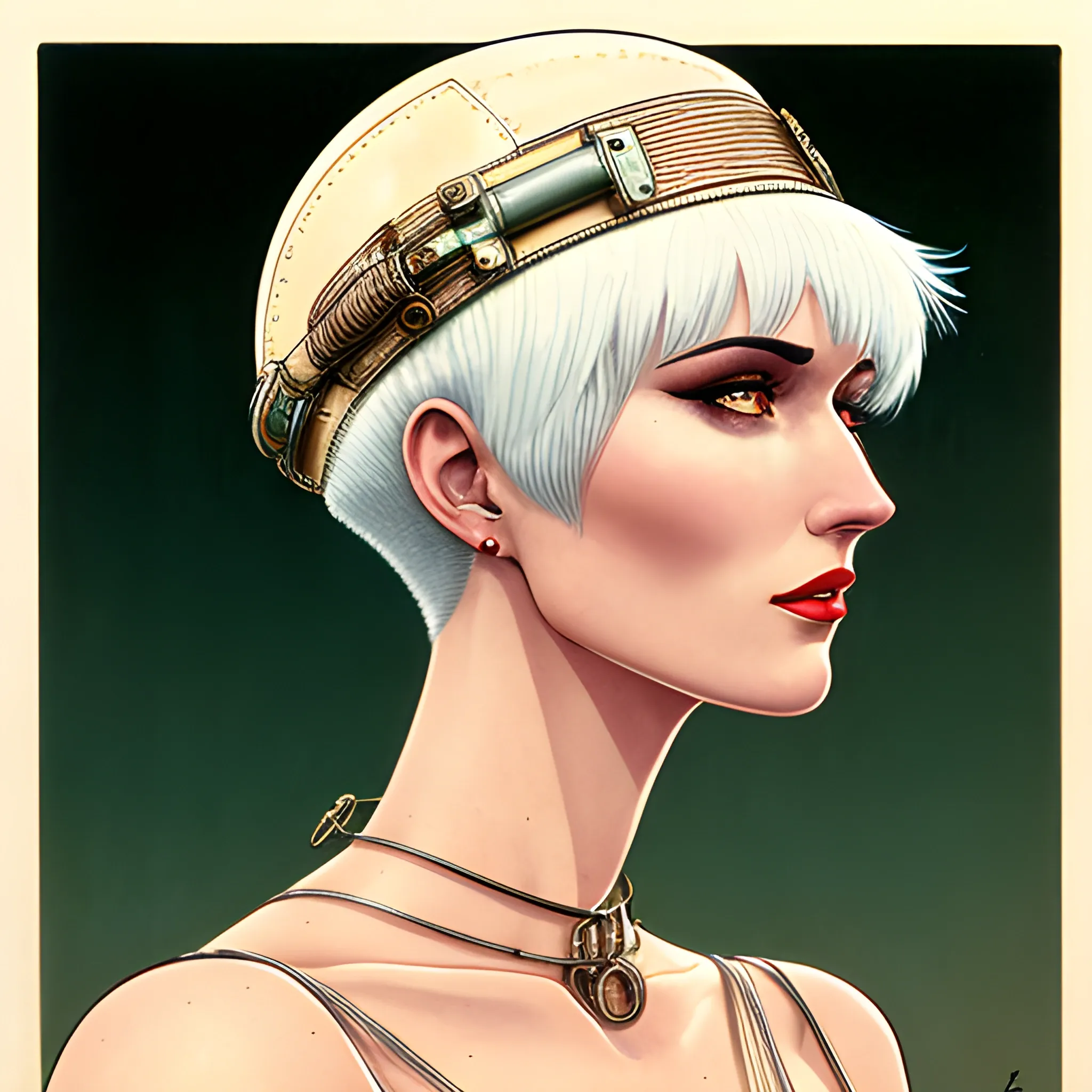 An unattractive, thin, pale young woman. She has short, white hair in a "roman holiday" short cut, with bangs. She is wearing a leather vintage aviator hat. She is wearing medieval cotton clothing. Surrealism, Science Fiction, Moebius, and Intricate Line Work.