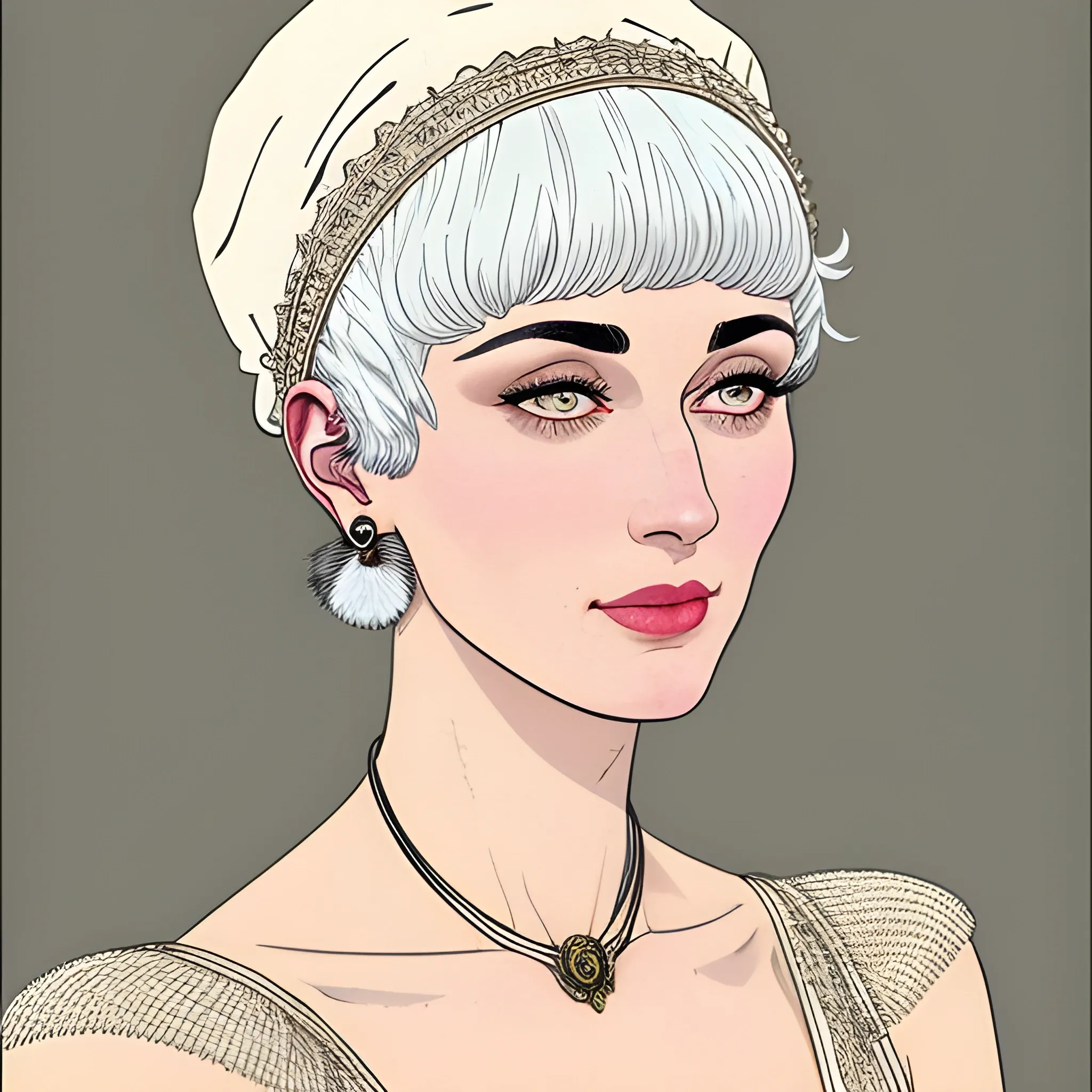 A nervous, unattractive, thin, pale young woman. She has short, white hair in a "roman holiday" short cut, with bangs. She is wearing a long ear flap hat. She is wearing medieval cotton clothing. By Moebius. Intricate Line Work.