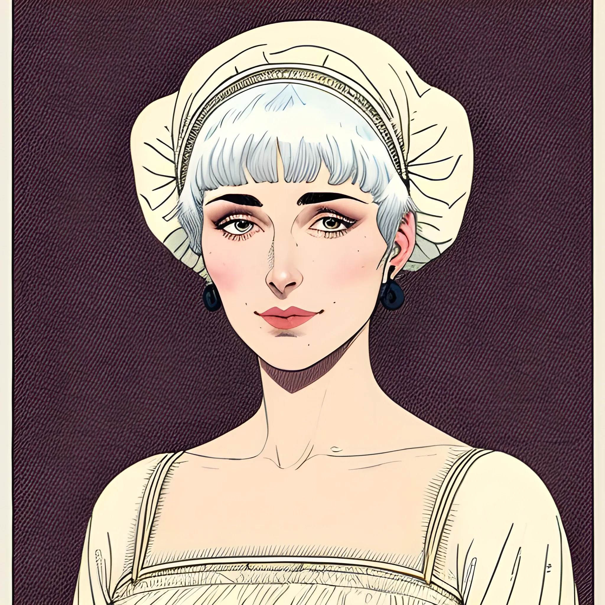 A nervous, unattractive, thin, pale young woman. She has short, white hair in a "roman holiday" short cut, with bangs. She is very nervous. She is wearing a long ear flap hat. She is wearing medieval cotton clothing. By Moebius. Intricate Line Work.